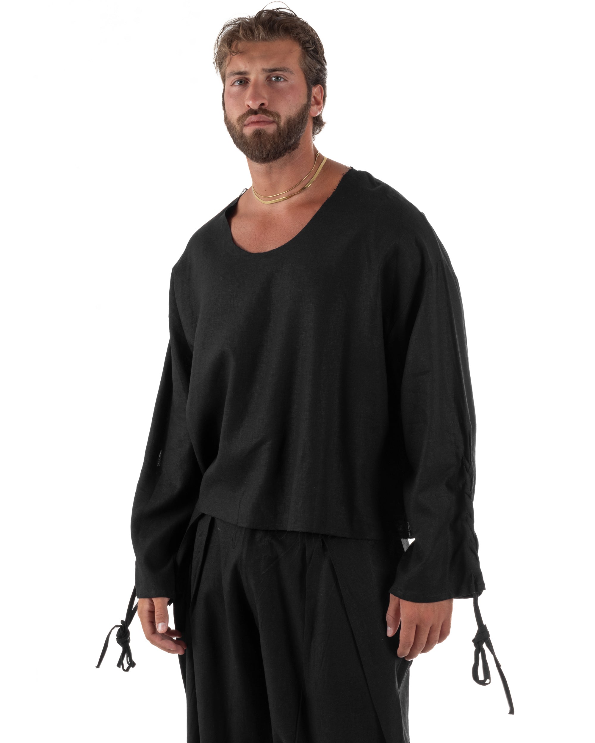 Camicia uomo casacca girocollo crop lino over fit taglio vivo nero GIOSAL-C3097A