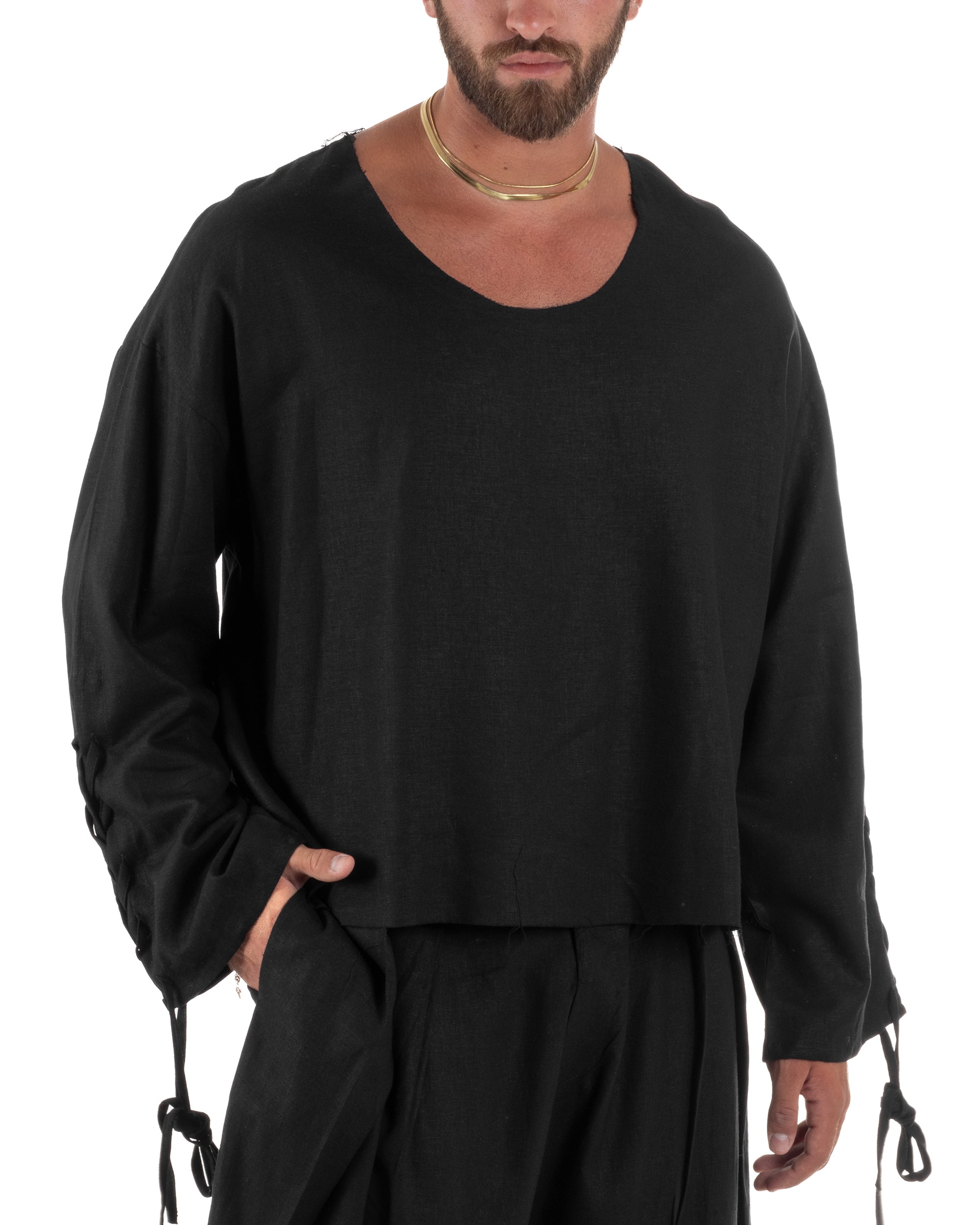 Camicia uomo casacca girocollo crop lino over fit taglio vivo nero GIOSAL-C3097A