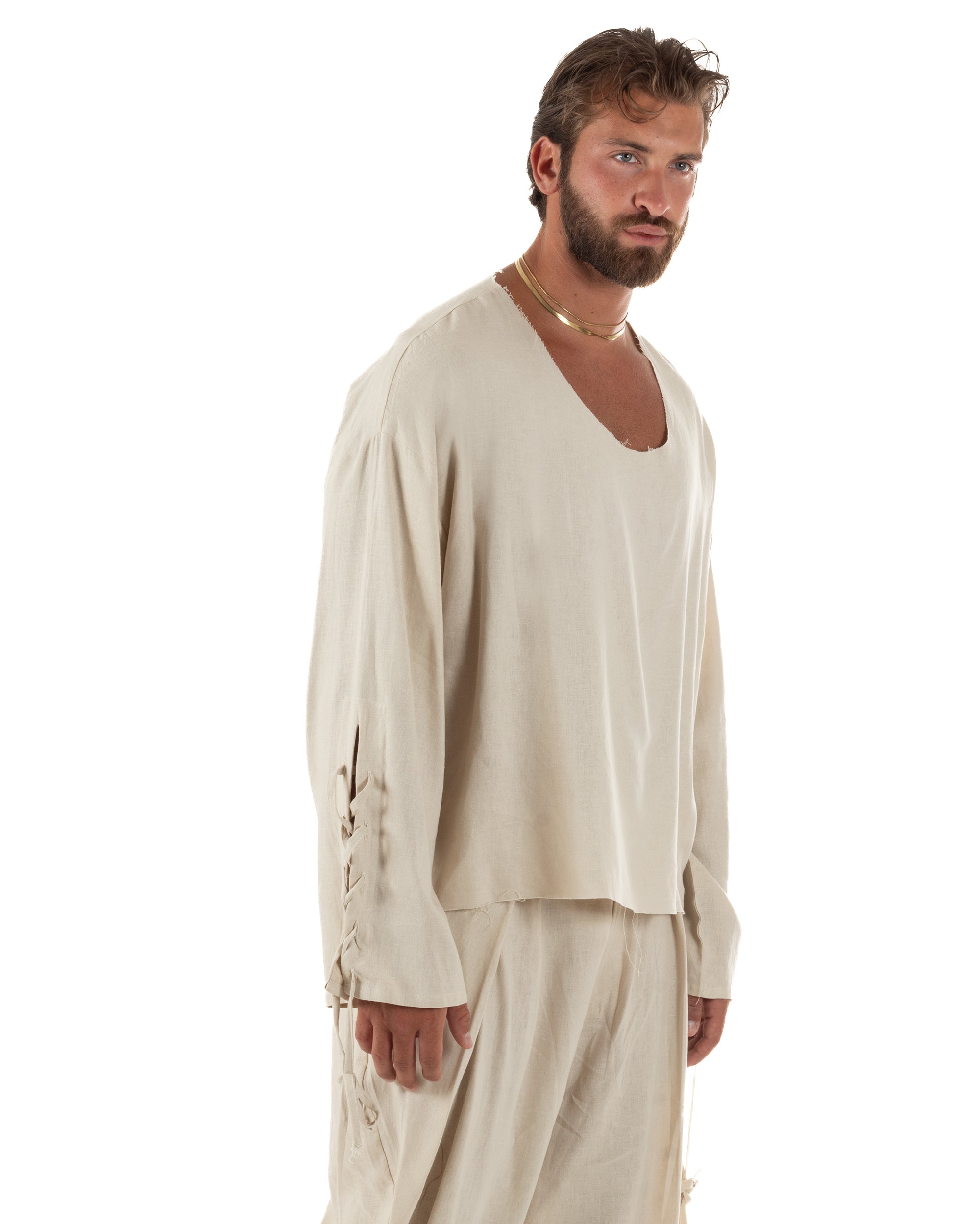 Camicia uomo casacca girocollo crop lino over fit taglio vivo beige GIOSAL-C3099A