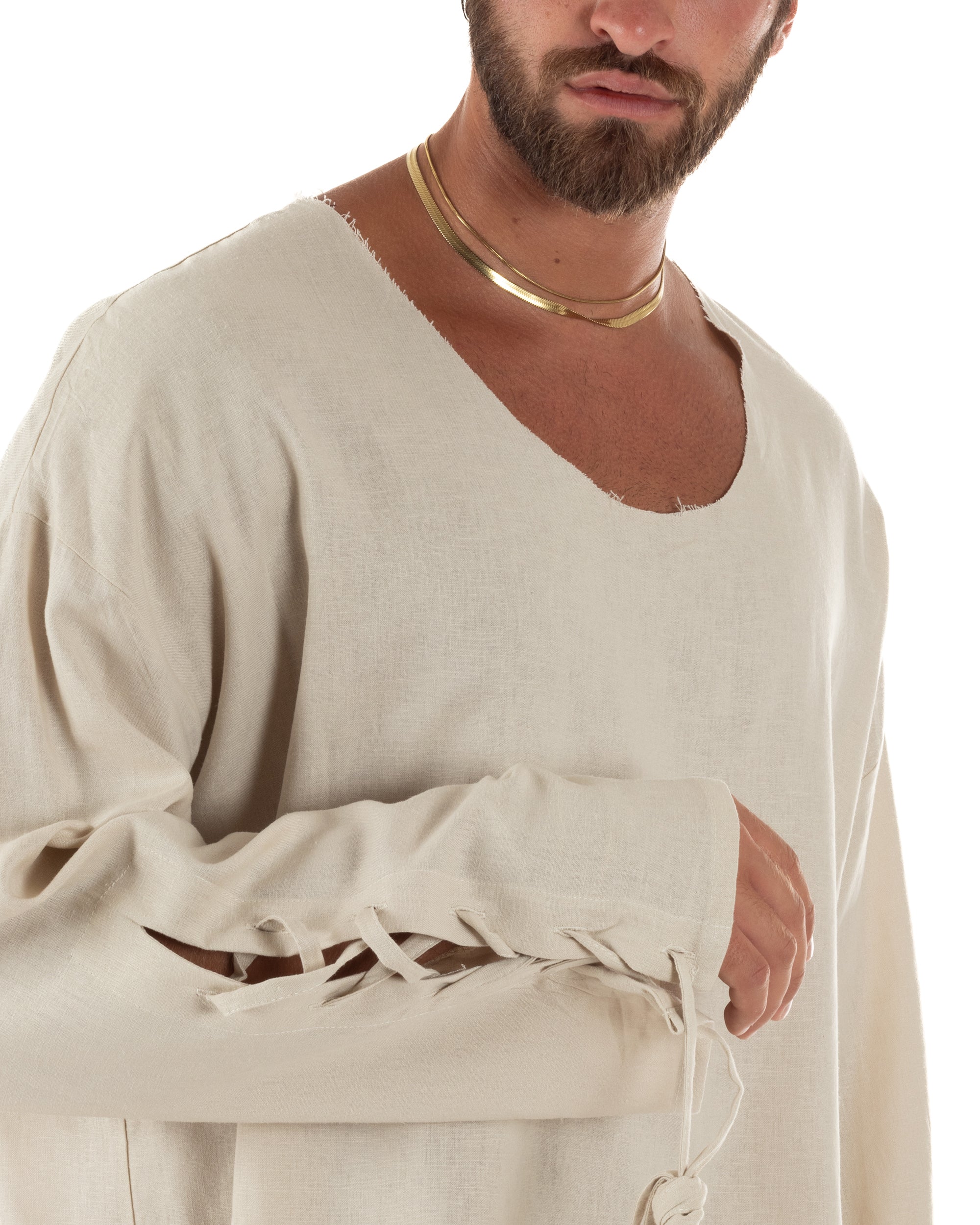 Camicia uomo casacca girocollo crop lino over fit taglio vivo beige GIOSAL-C3099A