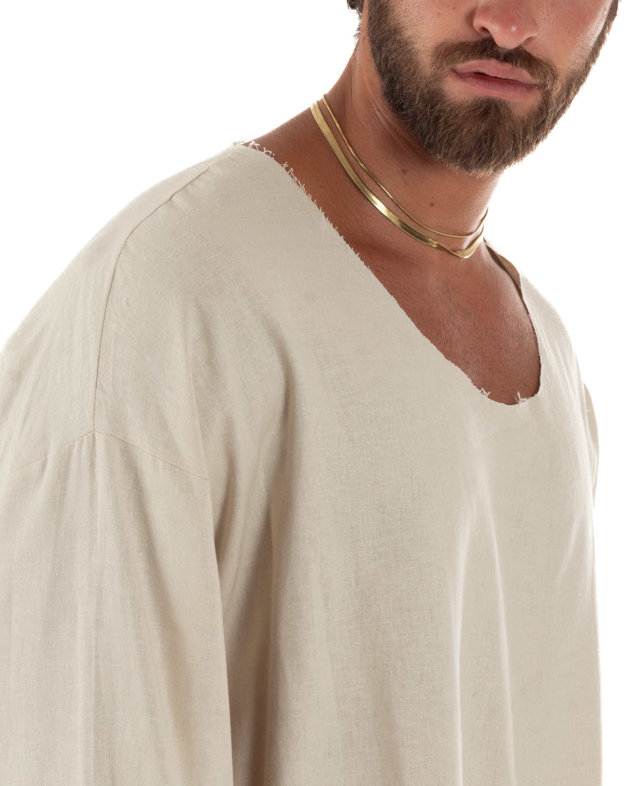 Camicia uomo casacca girocollo crop lino over fit taglio vivo beige GIOSAL-C3099A
