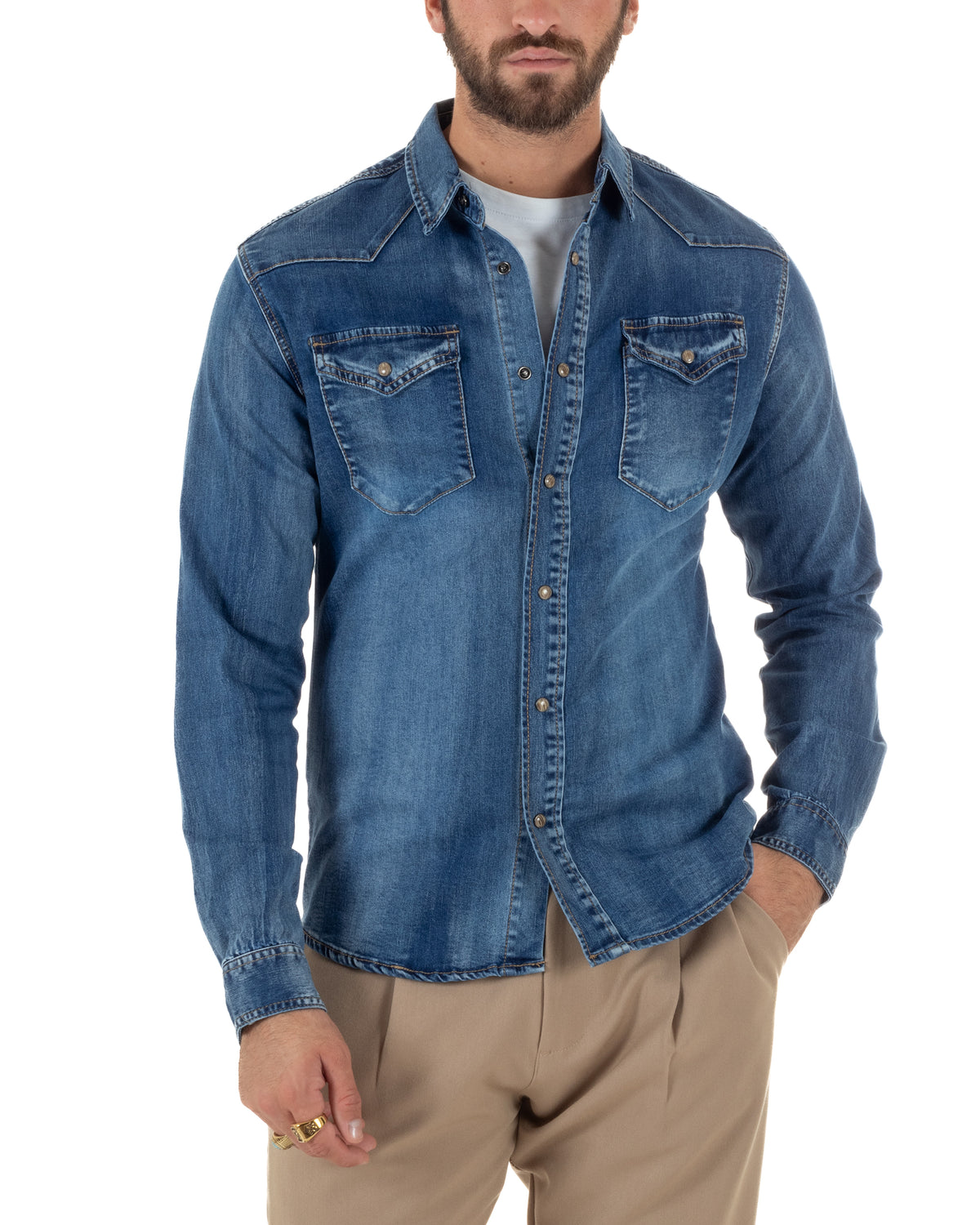 Camicia jeans uomo western vintage bottoni e tasche denim GIOSAL-C3102A