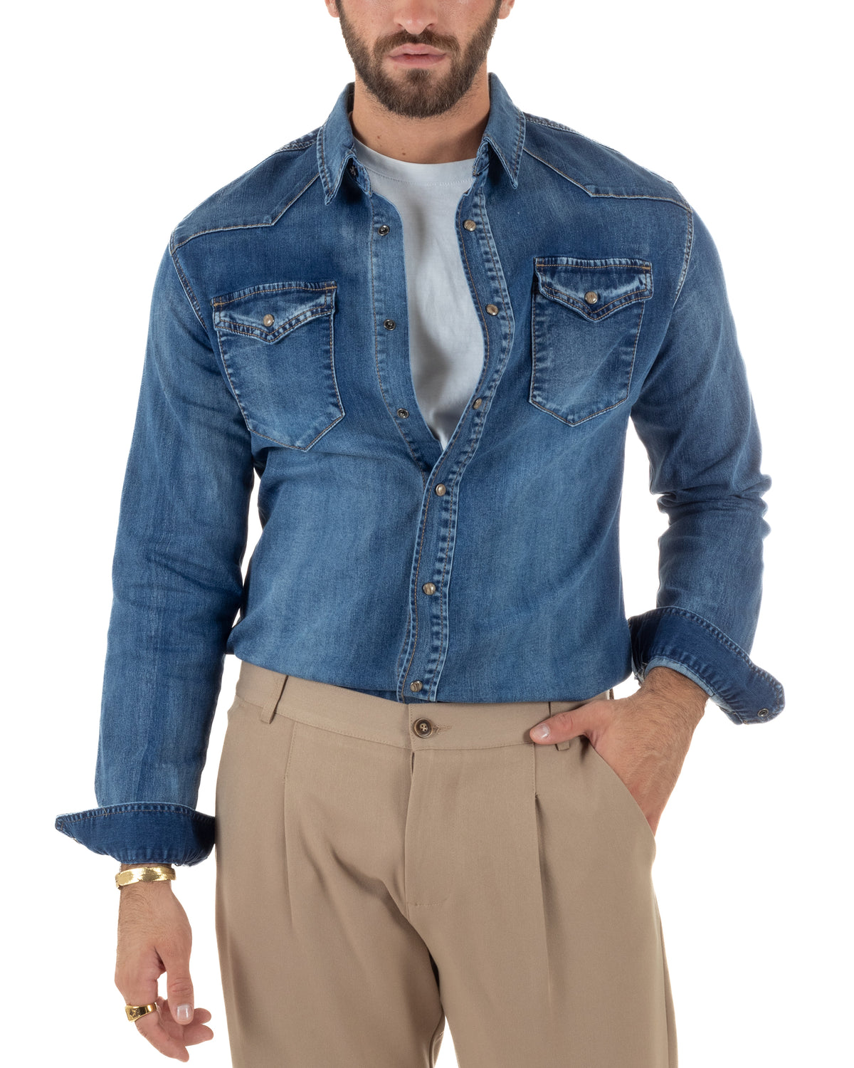 Camicia jeans uomo western vintage bottoni e tasche denim GIOSAL-C3102A