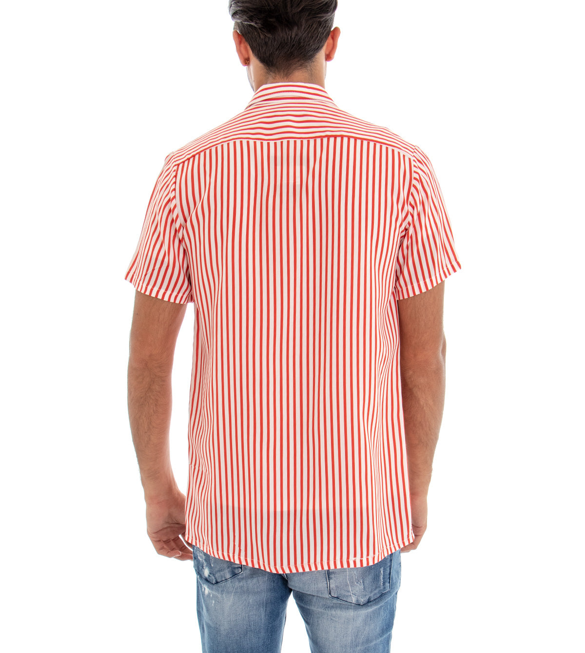 Camicia Manica Corta Uomo Colletto Righe Rigata Rosso Bianco GIOSAL-CC1080A