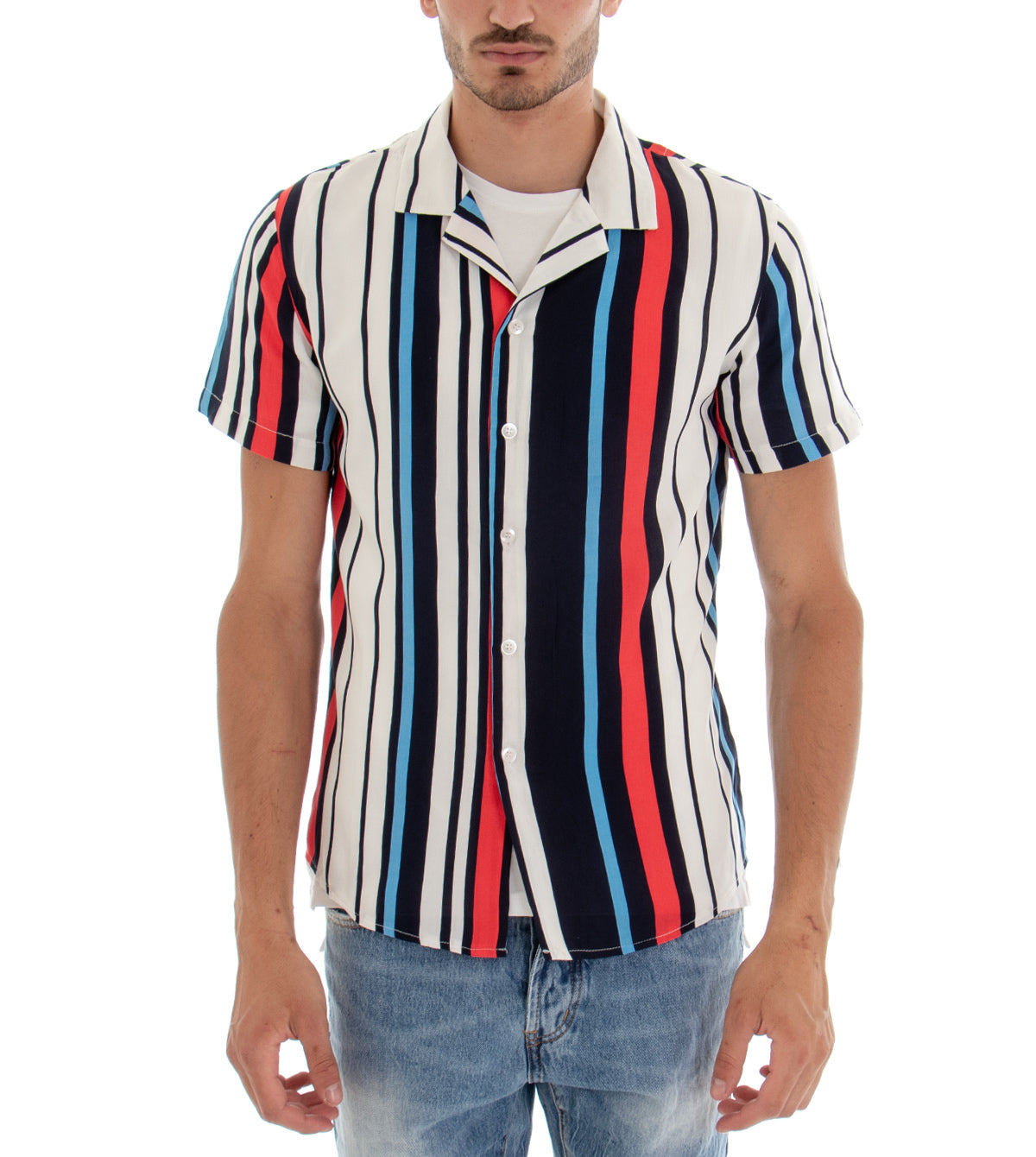 Short Sleeve Men's Shirt Striped Pattern Striped Collar Green Blue GIOSAL-CC1096A