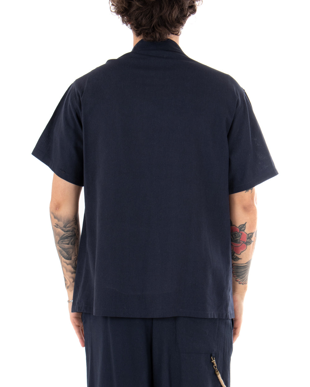 Men's Short Sleeve Linen Shirt Solid Color Blue Casual Pocket Collar GIOSAL-CC1116A