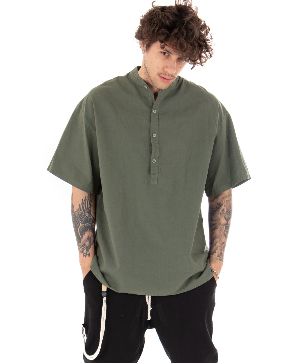 Men's Shirt Short Sleeve Solid Color Green Korean Collar Casual GIOSAL-CC1122A