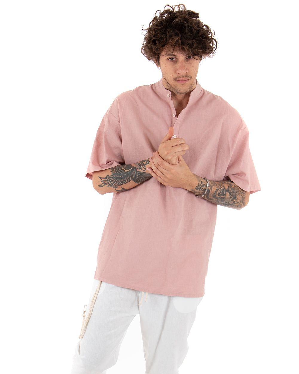 Camicia Uomo Manica Corta Tinta Unita Rosa Collo Coreano Casual GIOSAL-CC1127A