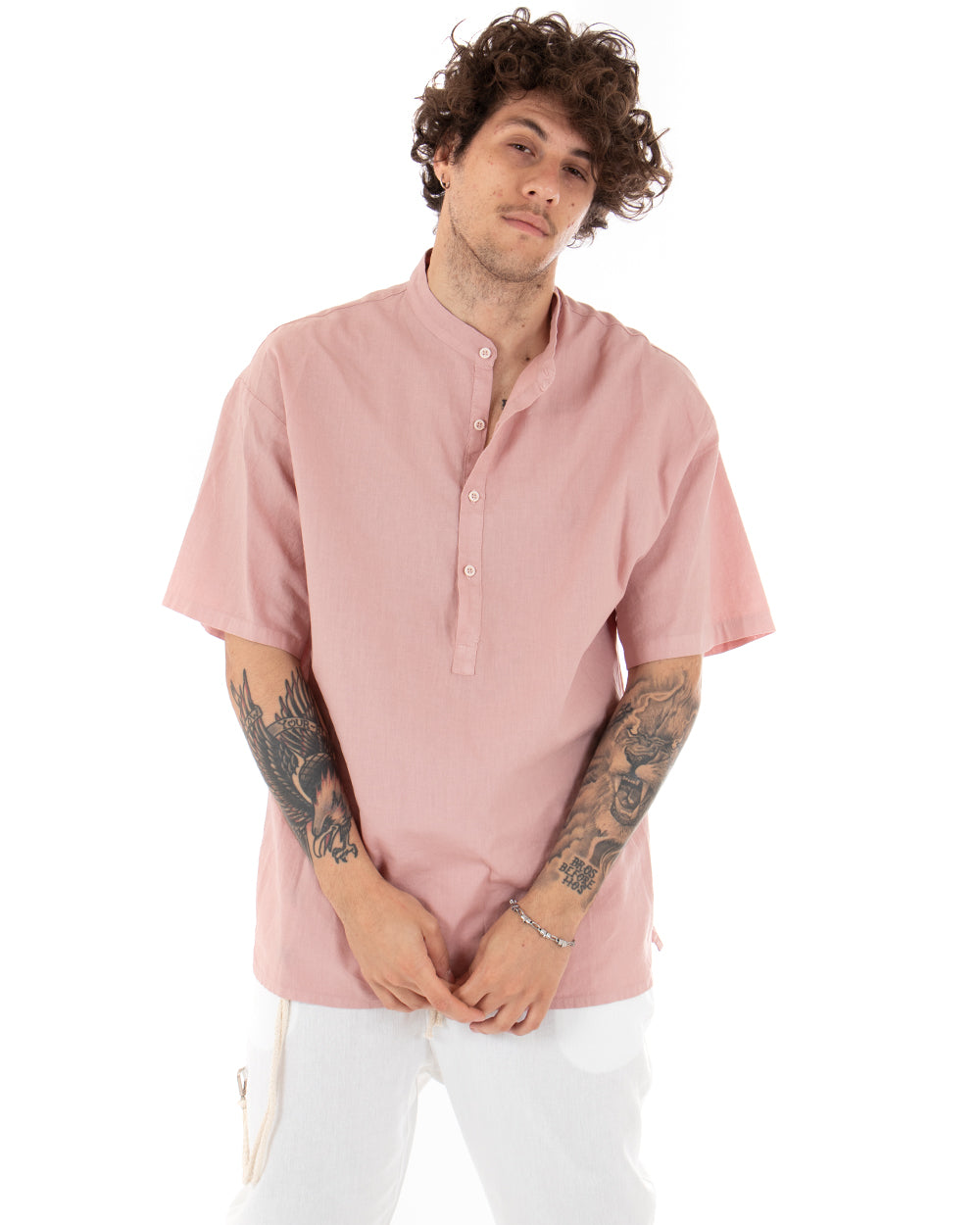 Camicia Uomo Manica Corta Tinta Unita Rosa Collo Coreano Casual GIOSAL-CC1127A