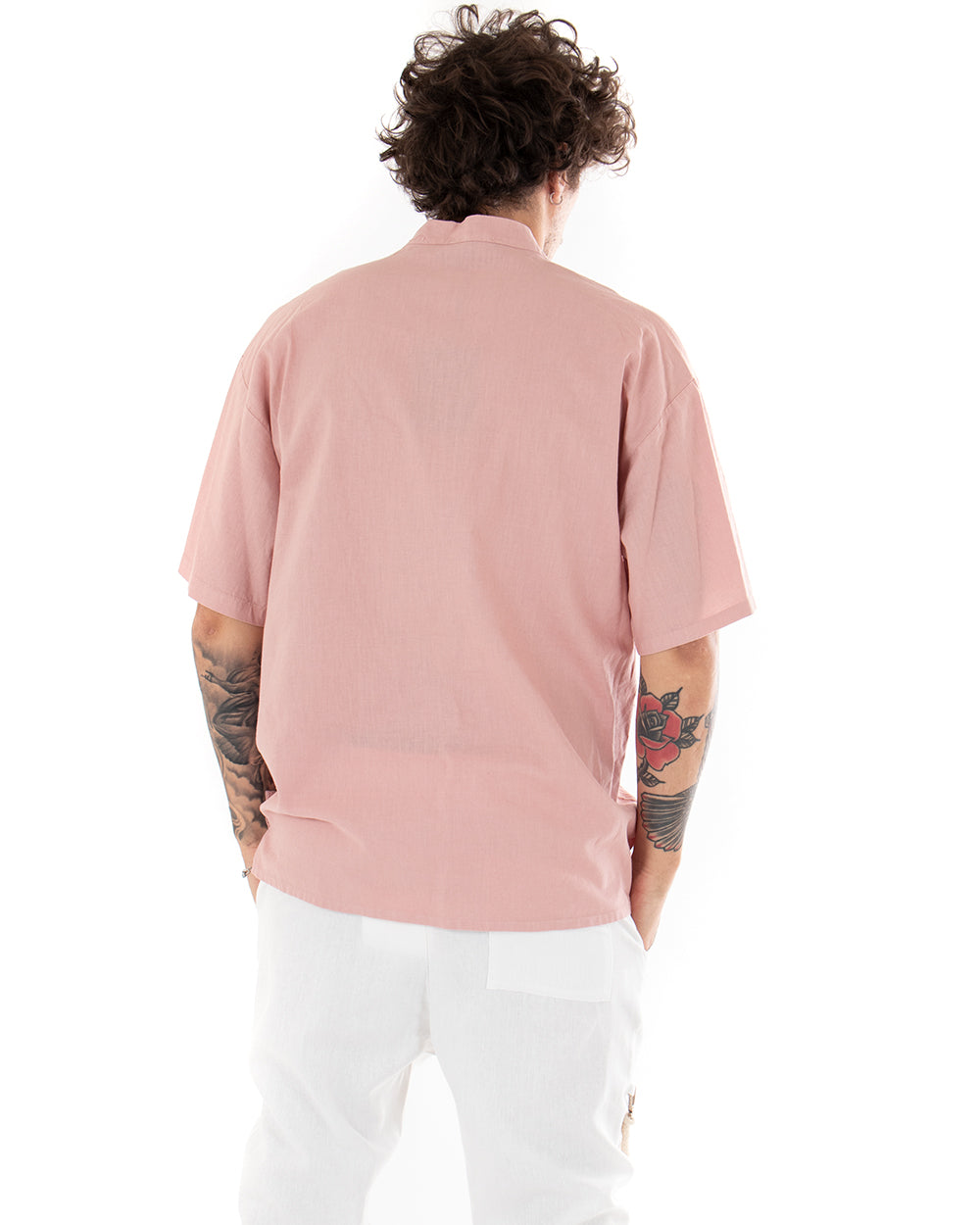 Men's Shirt Short Sleeve Solid Color Lilac Mandarin Collar Casual GIOSAL-CC1128A