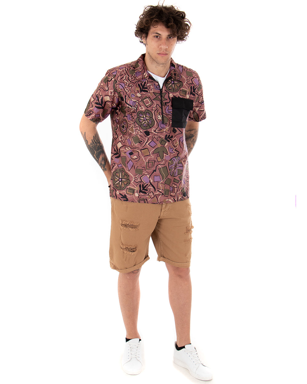Men's Shirt Half Sleeve Multicolored Ethnic Patterned T-shirt Zipper Neckline GIOSAL-CC1146A