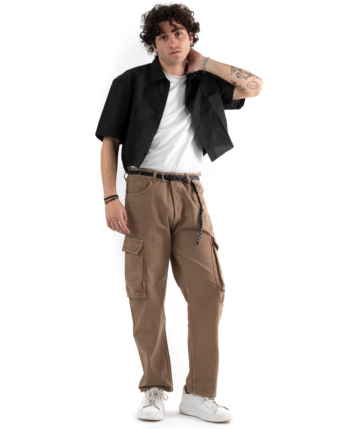 Camicia Manica Corta Uomo Cropped Tinta Unita Nera Boxy Fit Casual GIOSAL-CC1175A