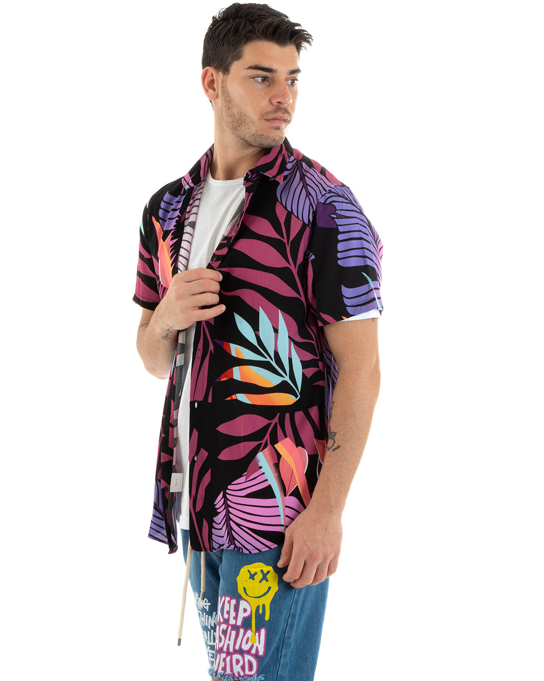 Camicia Manica Corta Uomo Colletto Fantasia Floreale Multicolore GIOSAL-CC1182A