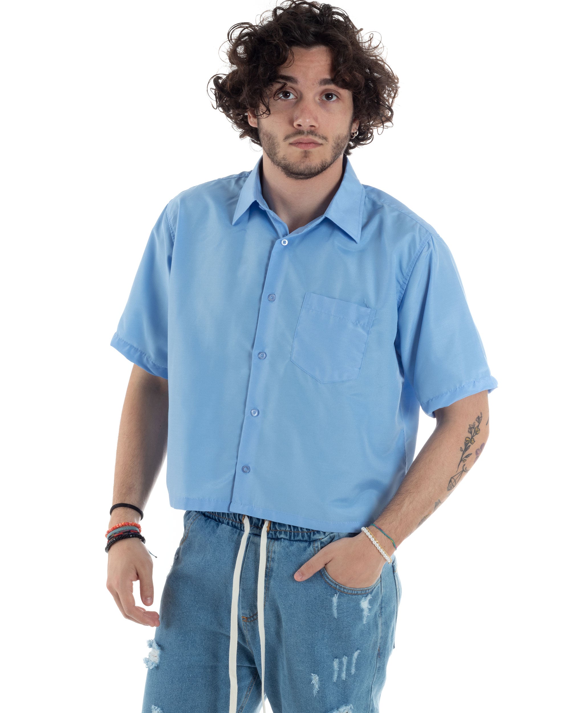 Men's Short Sleeve Cropped Shirt Solid Color Light Blue Boxy Fit Casual GIOSAL-CC1192A