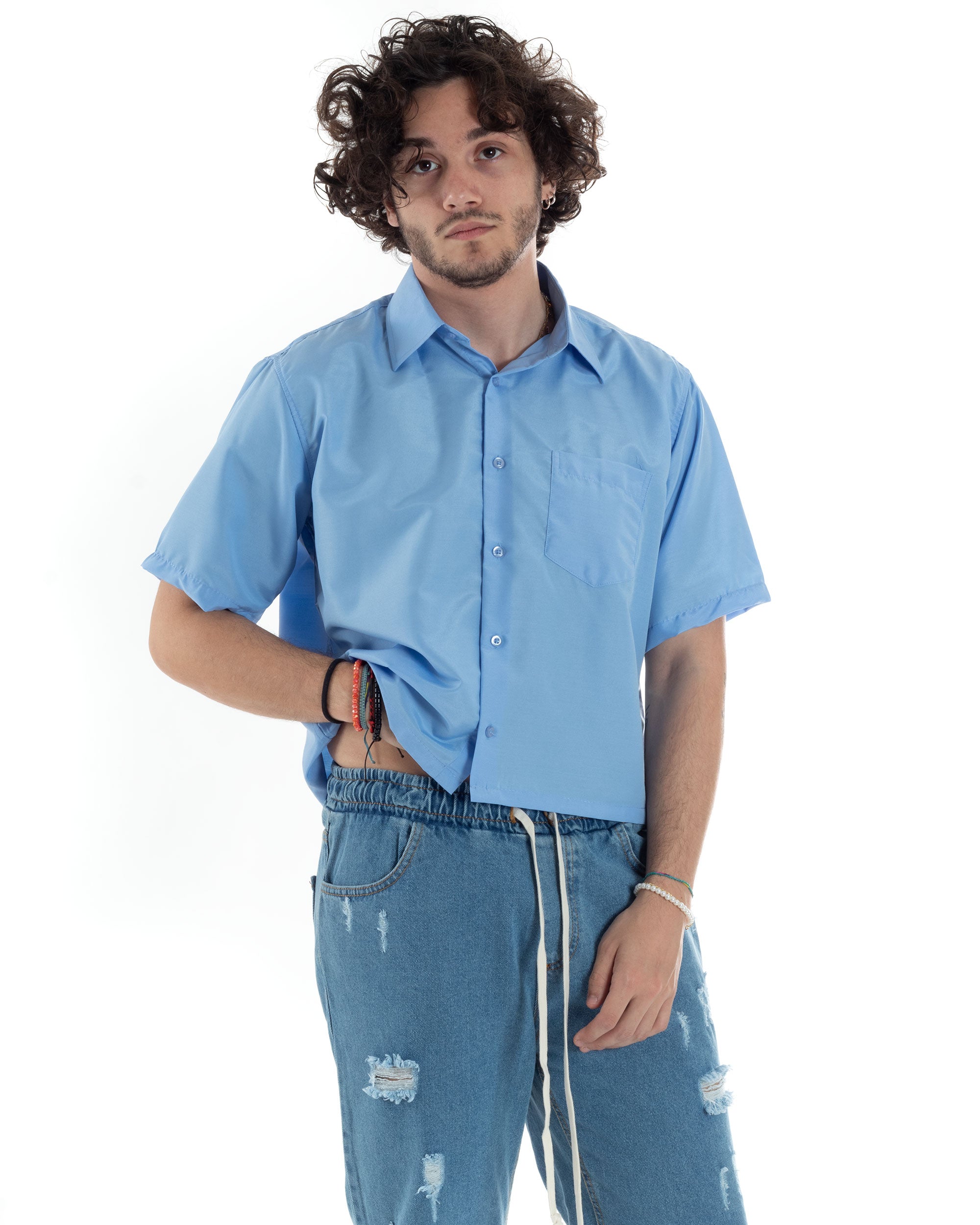 Men's Short Sleeve Cropped Shirt Solid Color Light Blue Boxy Fit Casual GIOSAL-CC1192A