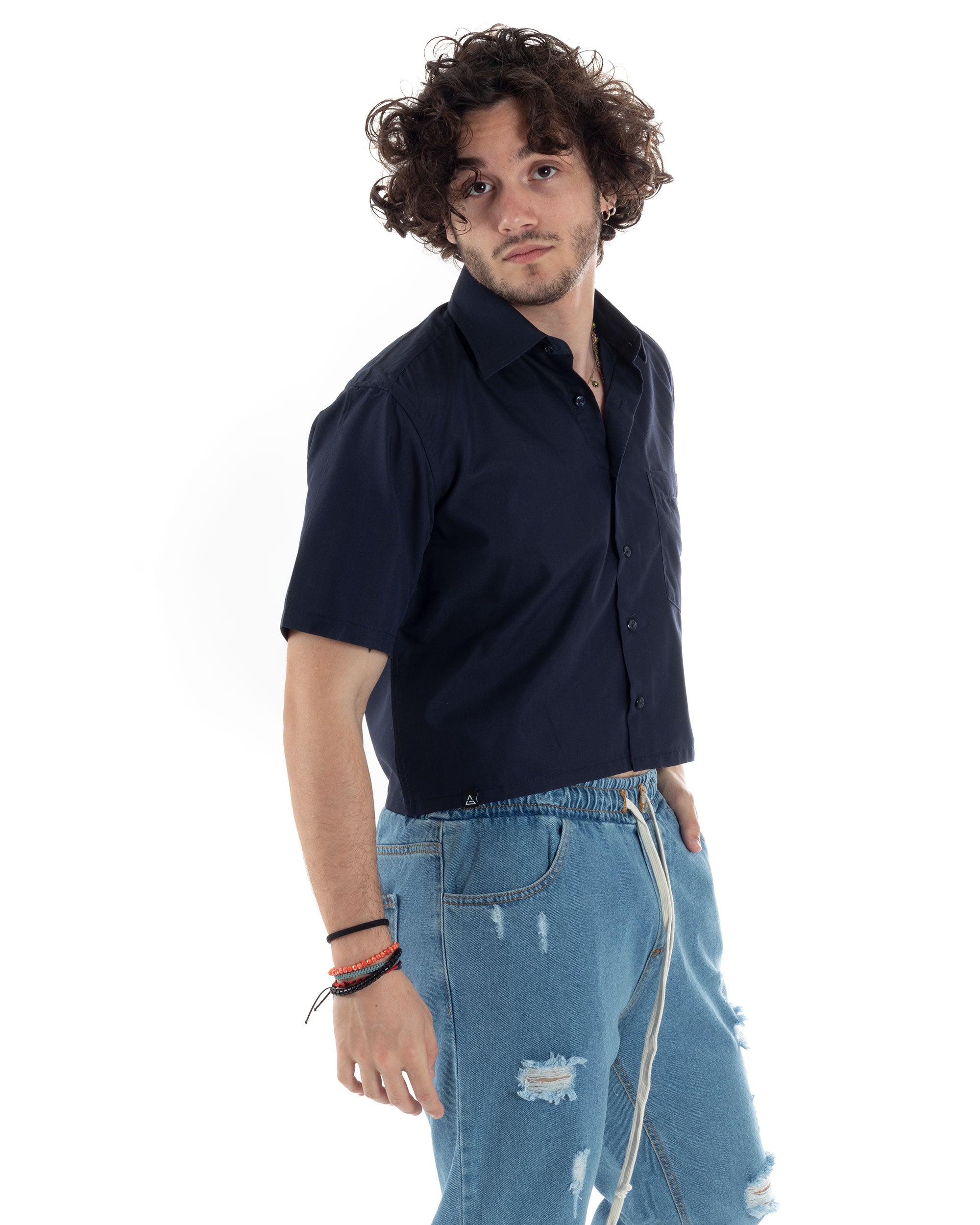 Men's Short Sleeve Cropped Shirt Solid Color Blue Boxy Fit Casual GIOSAL-CC1194A