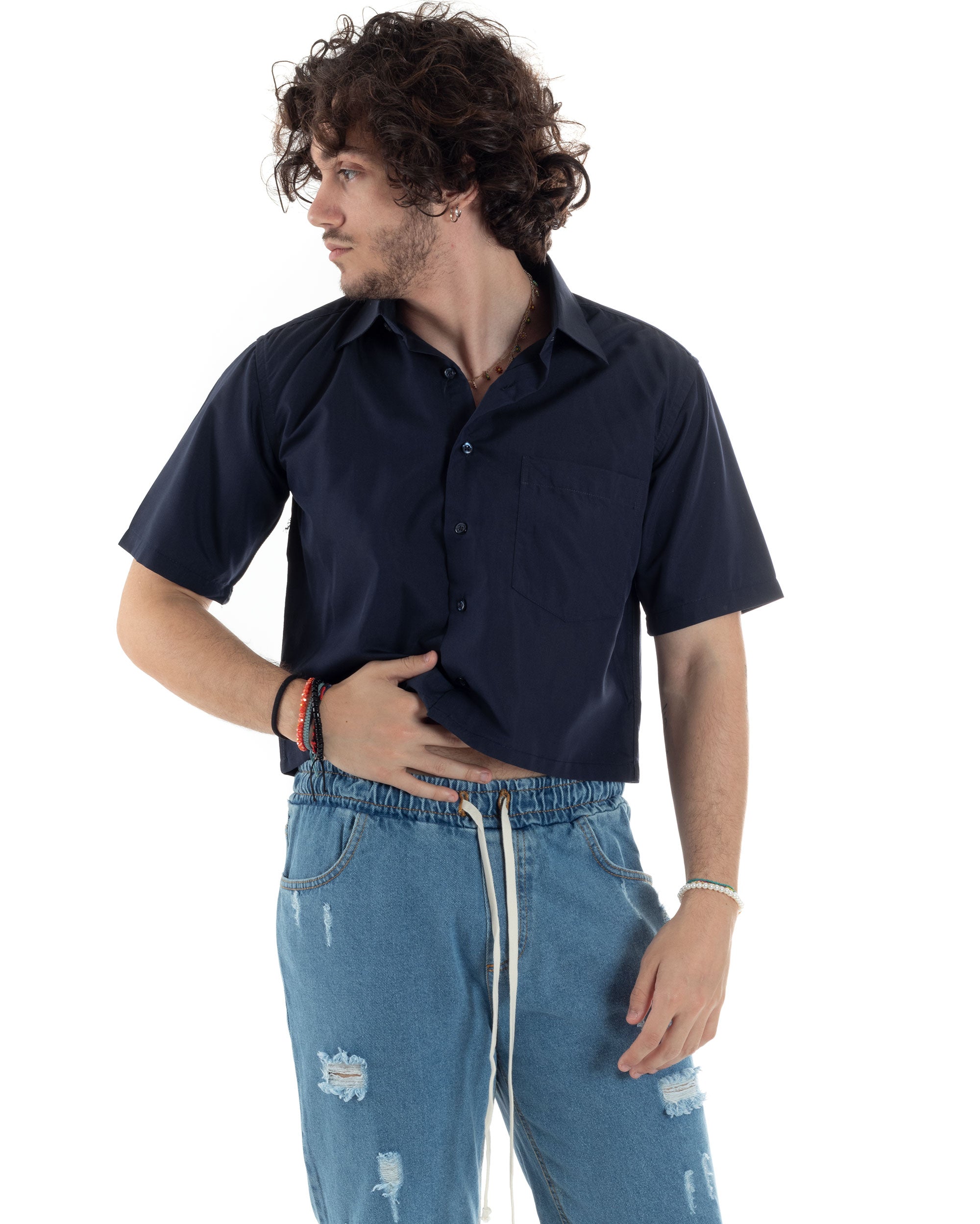 Men's Short Sleeve Cropped Shirt Solid Color Blue Boxy Fit Casual GIOSAL-CC1194A