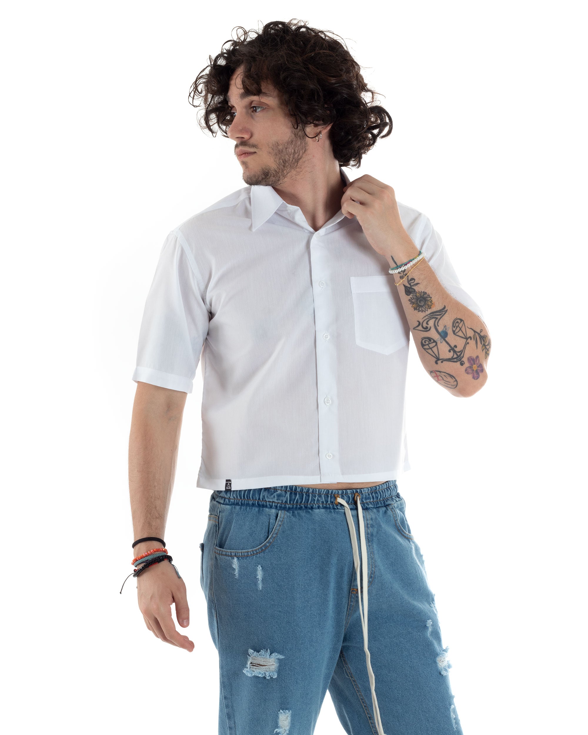 Men's Short Sleeve Cropped Shirt Solid Color White Boxy Fit Casual GIOSAL-CC1195A