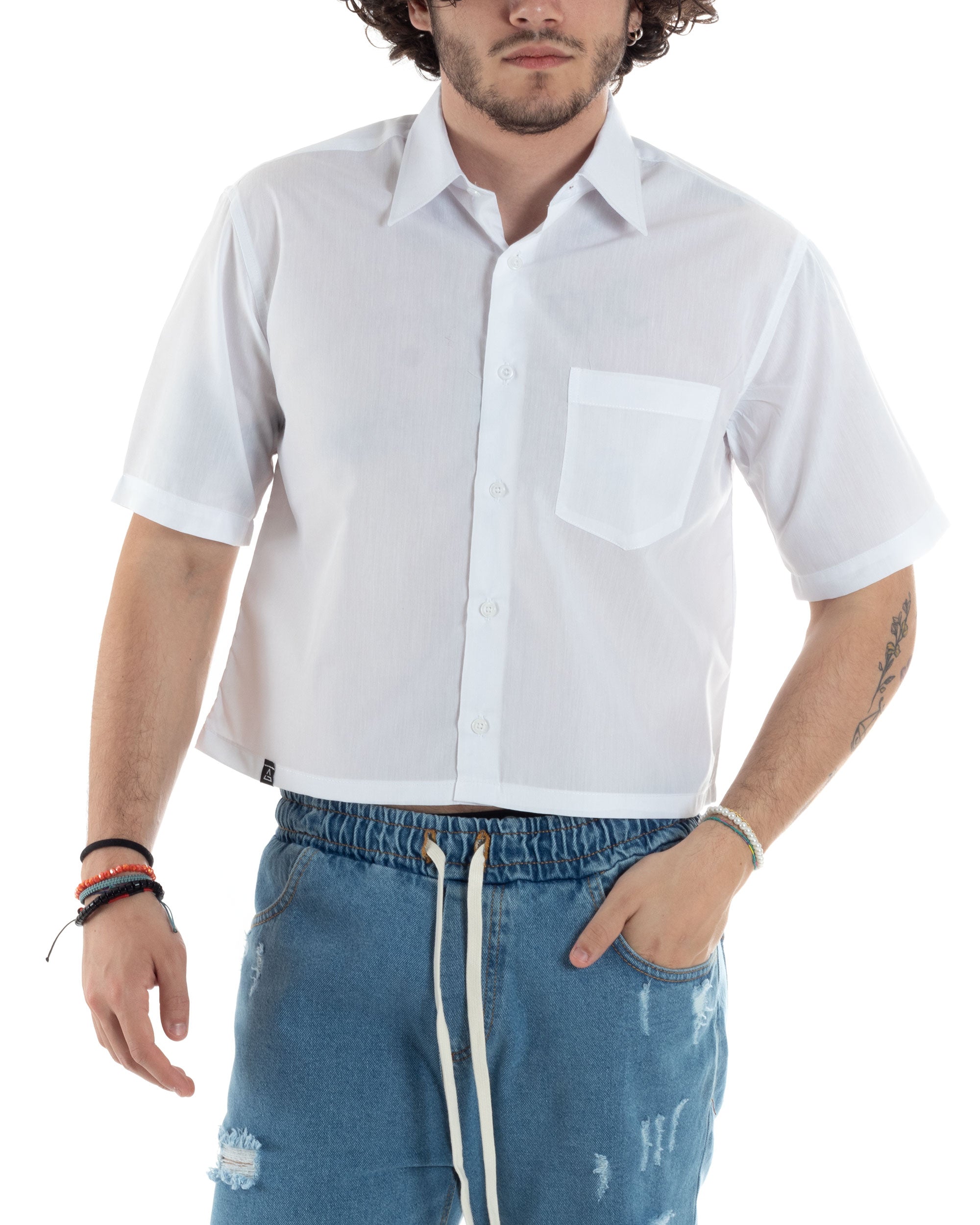 Men's Short Sleeve Cropped Shirt Solid Color White Boxy Fit Casual GIOSAL-CC1195A