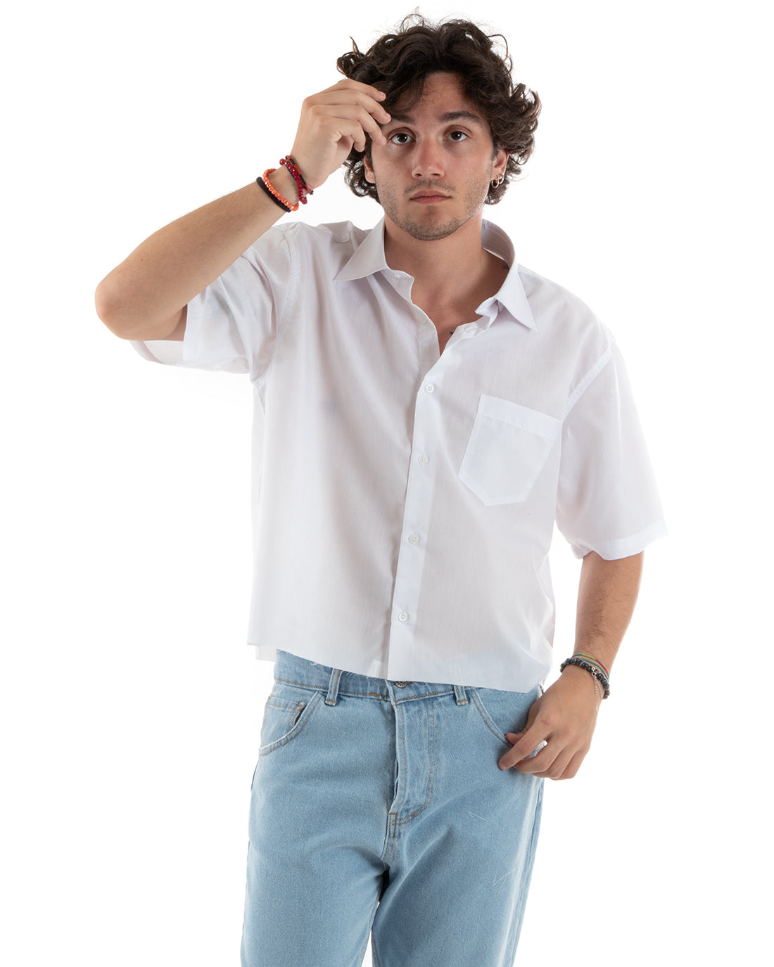 Camicia Uomo Manica Corta Cropped Tinta Unita Bianco Boxy Fit Casual GIOSAL-CC1195A