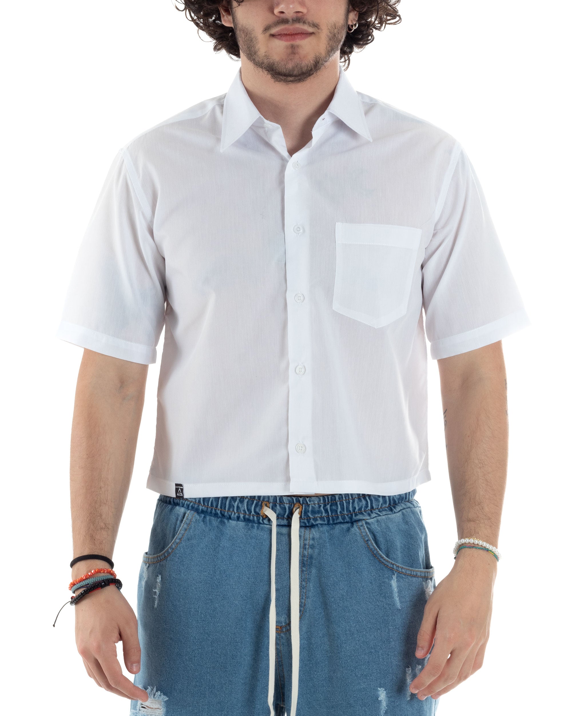 Men's Short Sleeve Cropped Shirt Solid Color White Boxy Fit Casual GIOSAL-CC1195A
