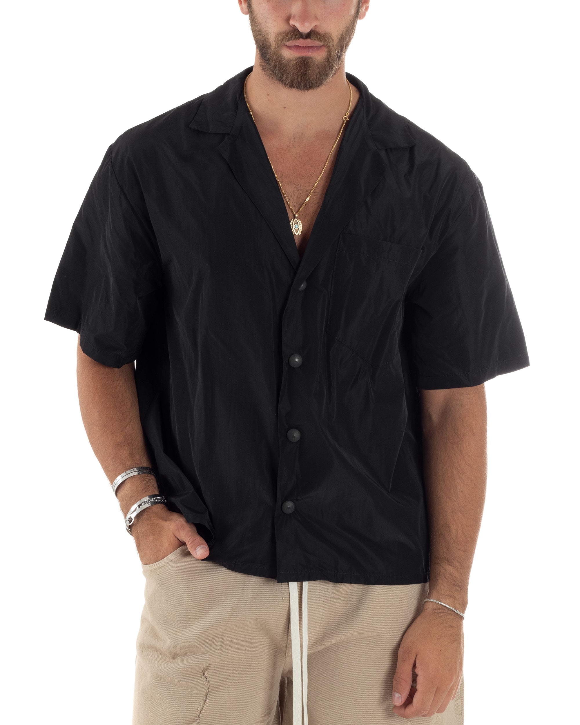 Men's Cotton Shirt Collar Short Sleeves Solid Color Zipper Camel GIOSAL-CC1199A