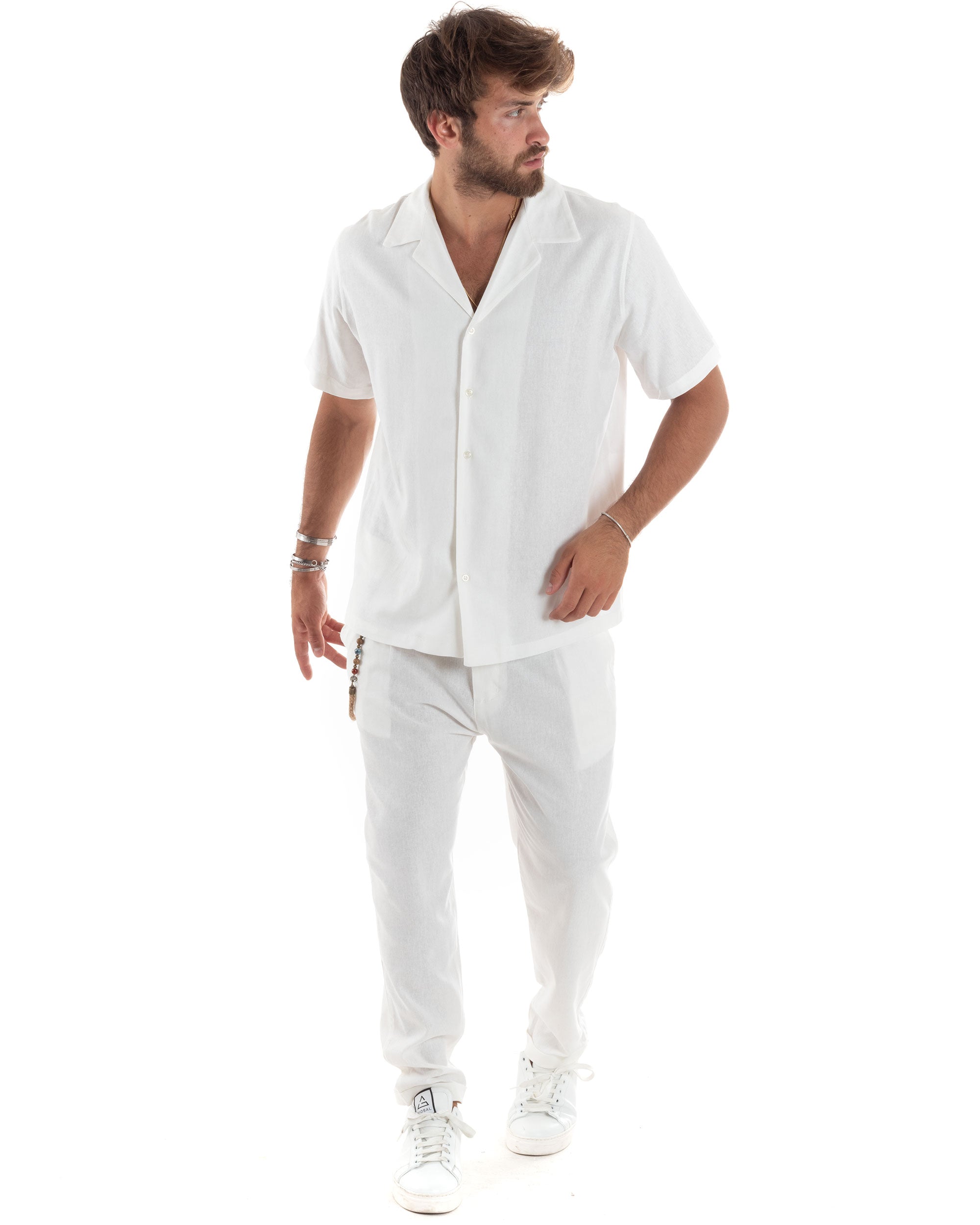 Camicia Uomo Lino Mezze Maniche Con Bottoncini Colletto Bowling Collo Con Rever Casual Boxy Fit Tinta Unita Bianco GIOSAL-CC1210A