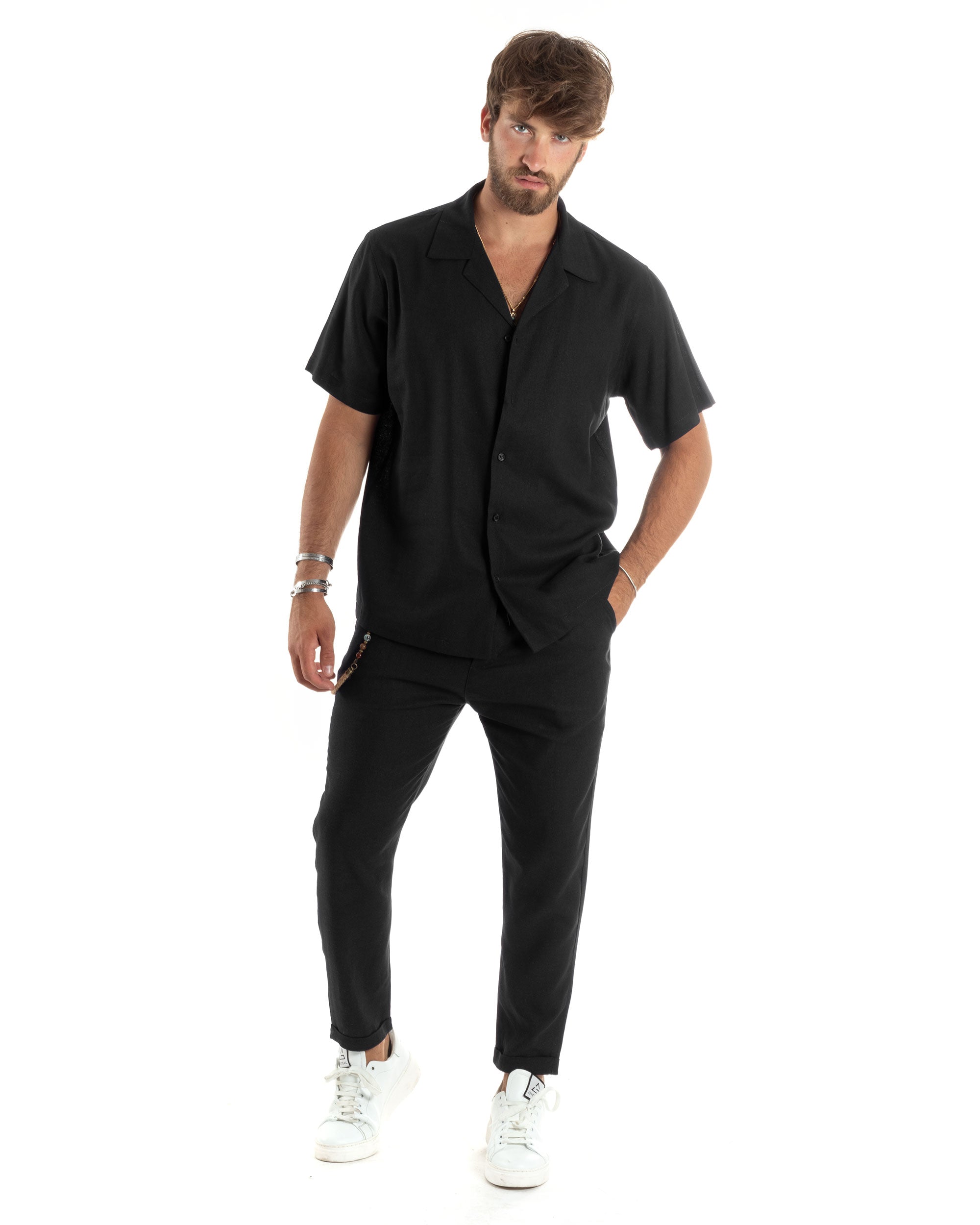 Camicia Uomo Lino Mezze Maniche Con Bottoncini Colletto Bowling Collo Con Rever Casual Boxy Fit Tinta Unita Nero GIOSAL-CC1211A