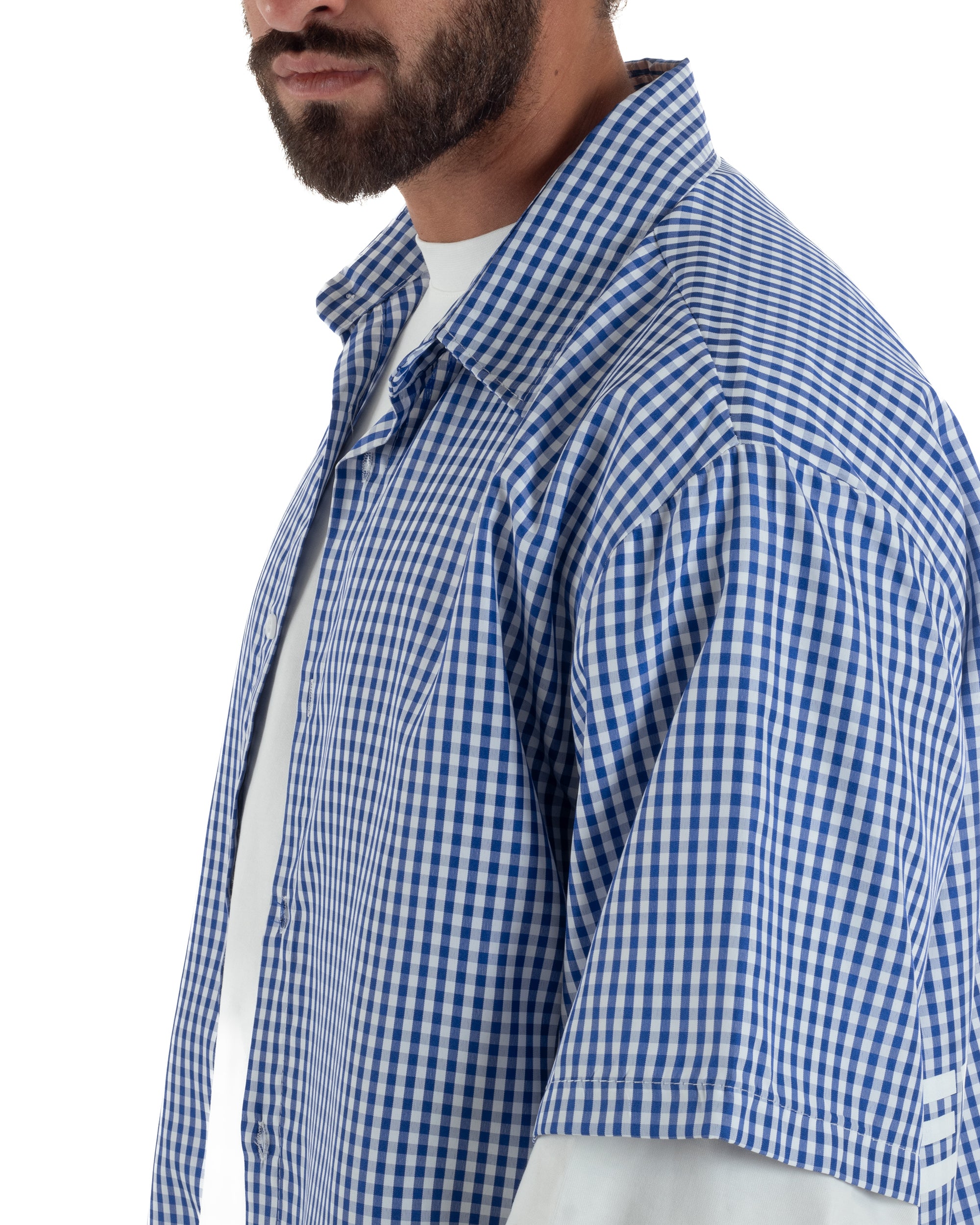 Camicia uomo maniche corte crop boxy fit quadri stampa retro blu GIOSAL-CC1228A