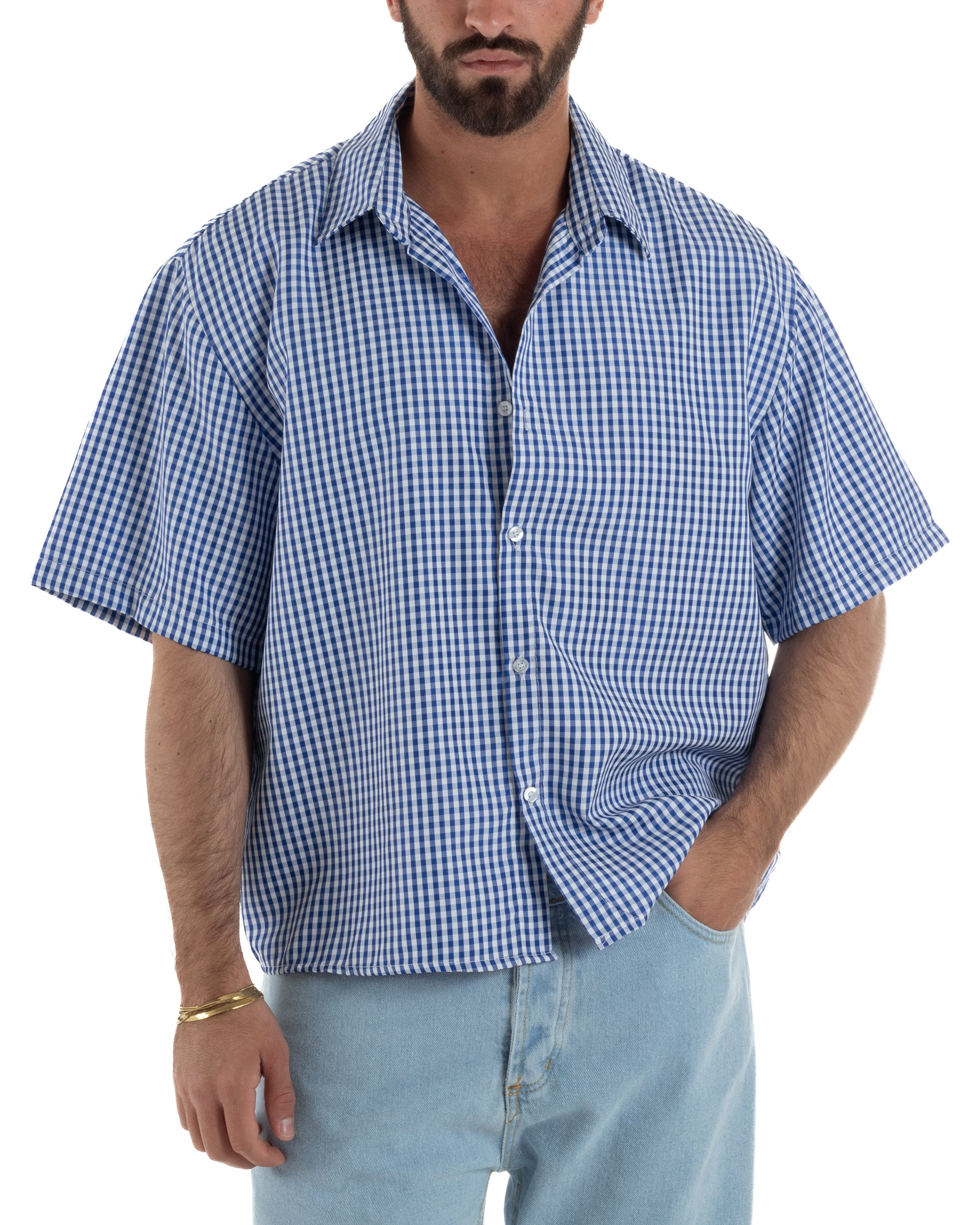 Camicia uomo maniche corte crop boxy fit quadri stampa retro blu GIOSAL-CC1228A