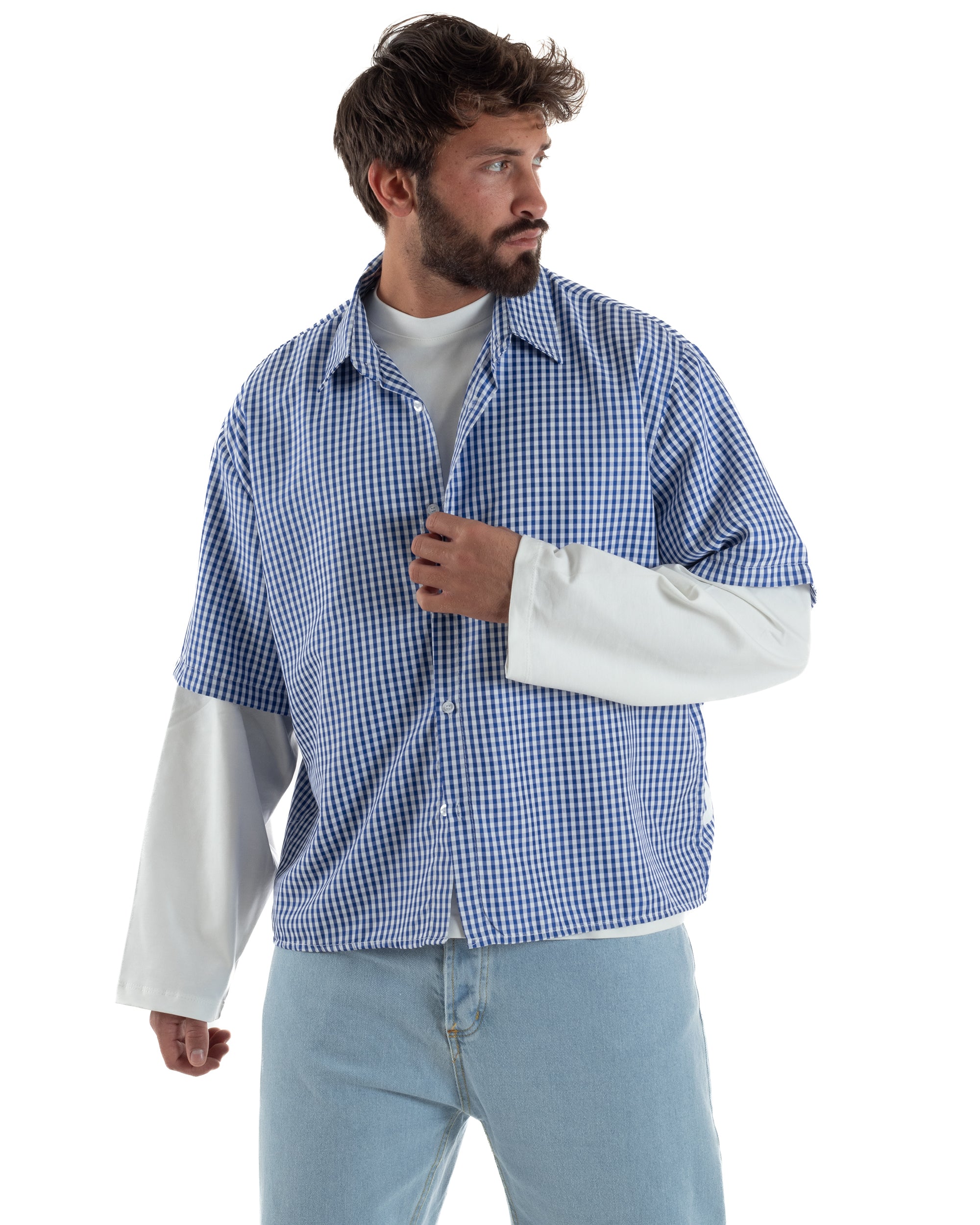 Camicia uomo maniche corte crop boxy fit quadri stampa retro blu GIOSAL-CC1228A