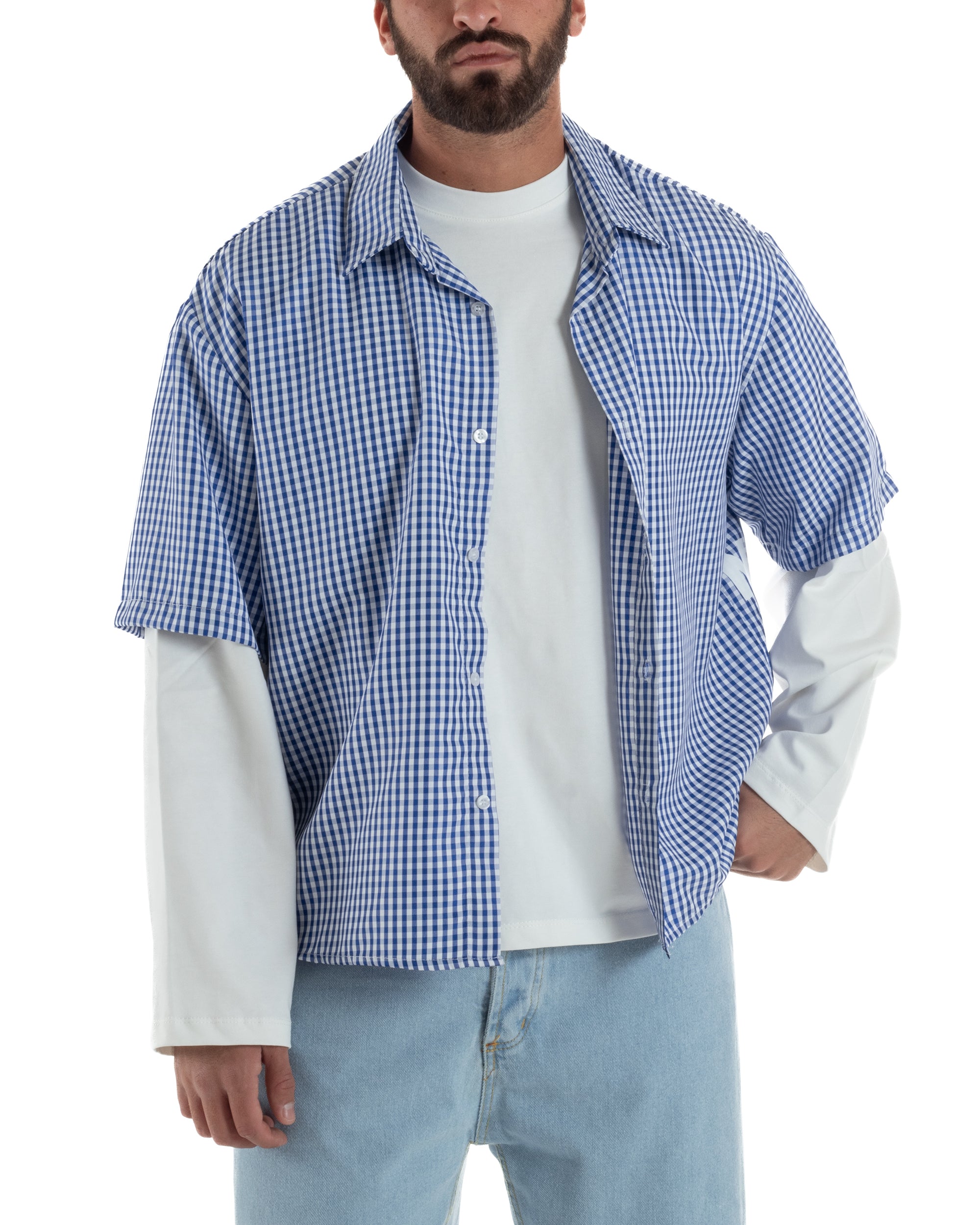 Camicia uomo maniche corte crop boxy fit quadri stampa retro blu GIOSAL-CC1228A