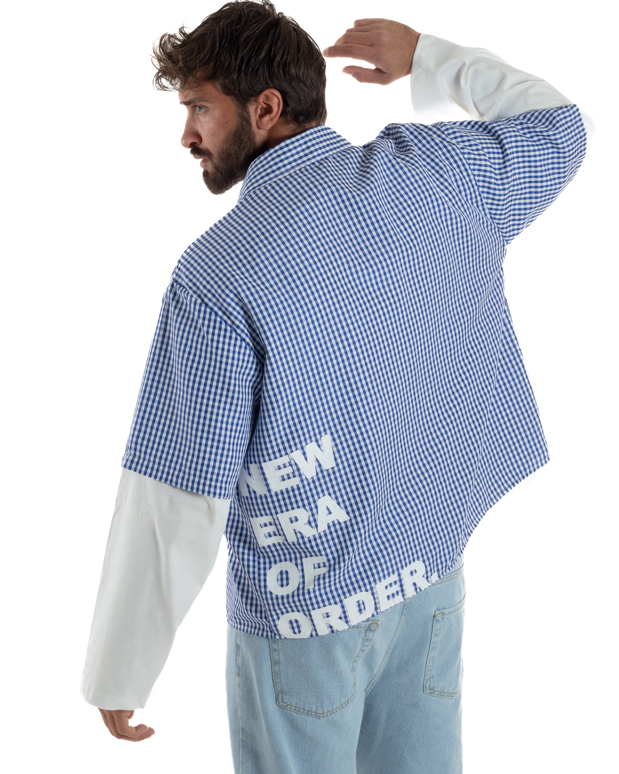Camicia uomo maniche corte crop boxy fit quadri stampa retro blu GIOSAL-CC1228A