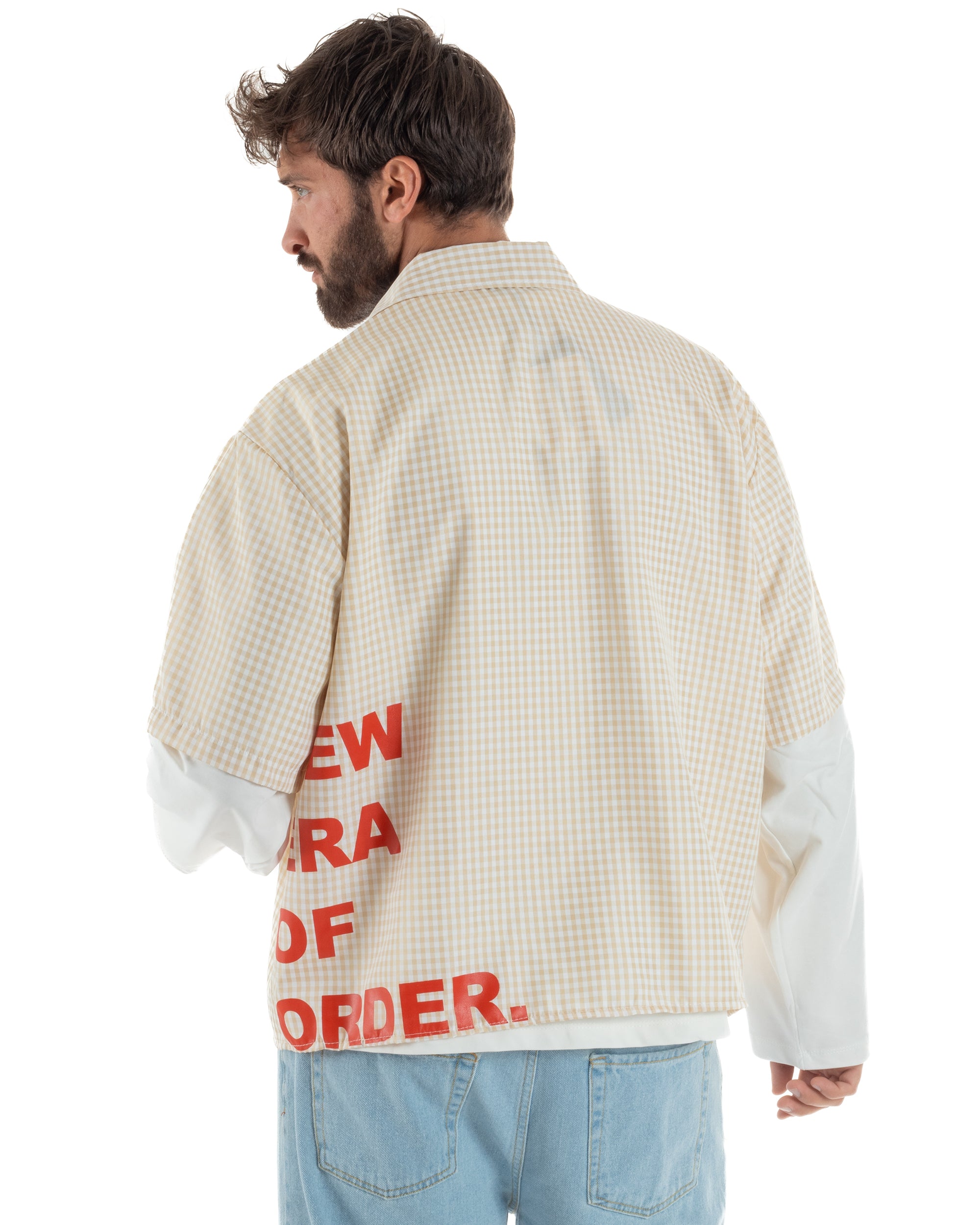 Camicia uomo maniche corte crop boxy fit quadri stampa retro beige GIOSAL-CC1229A