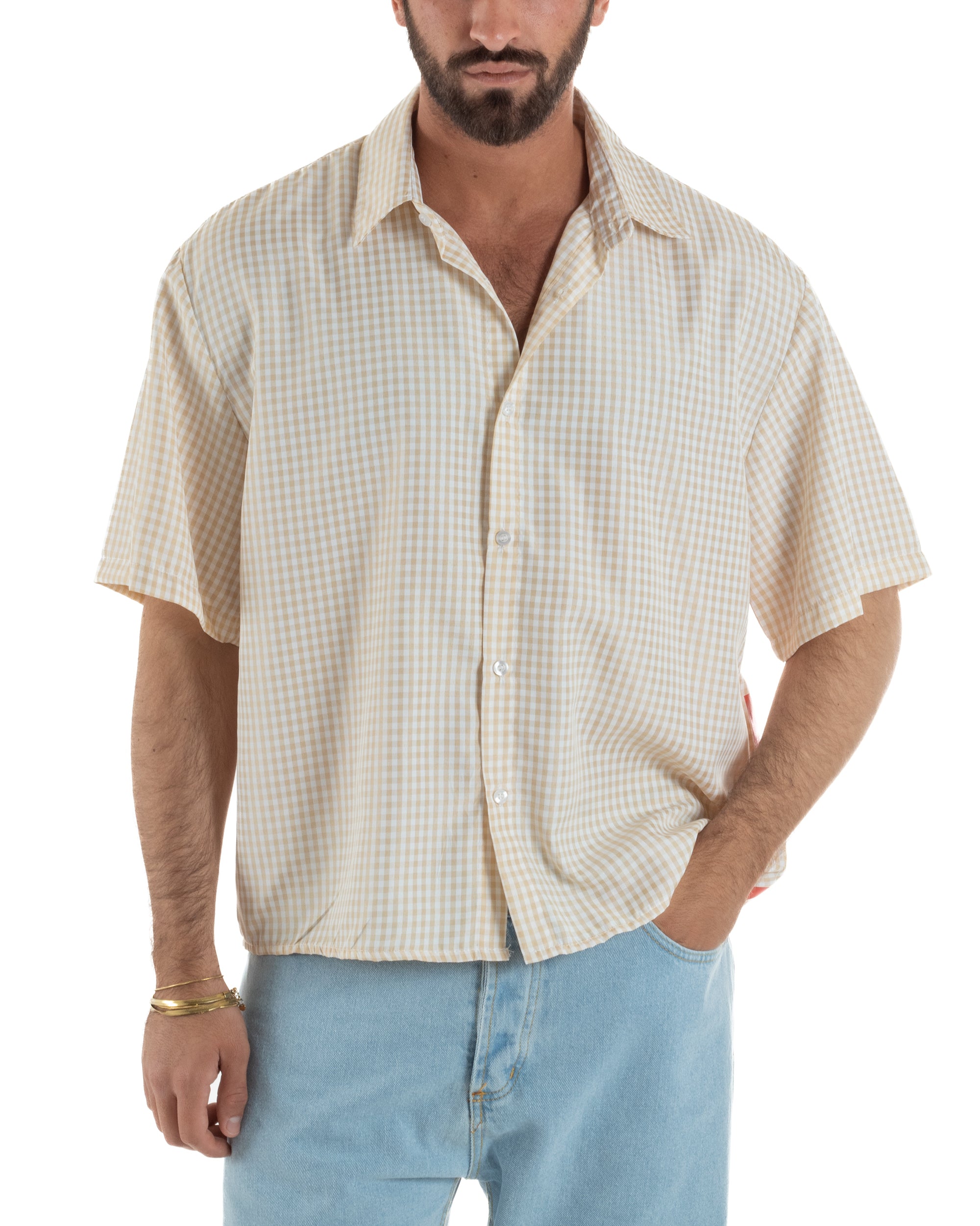 Camicia uomo maniche corte crop boxy fit quadri stampa retro beige GIOSAL-CC1229A
