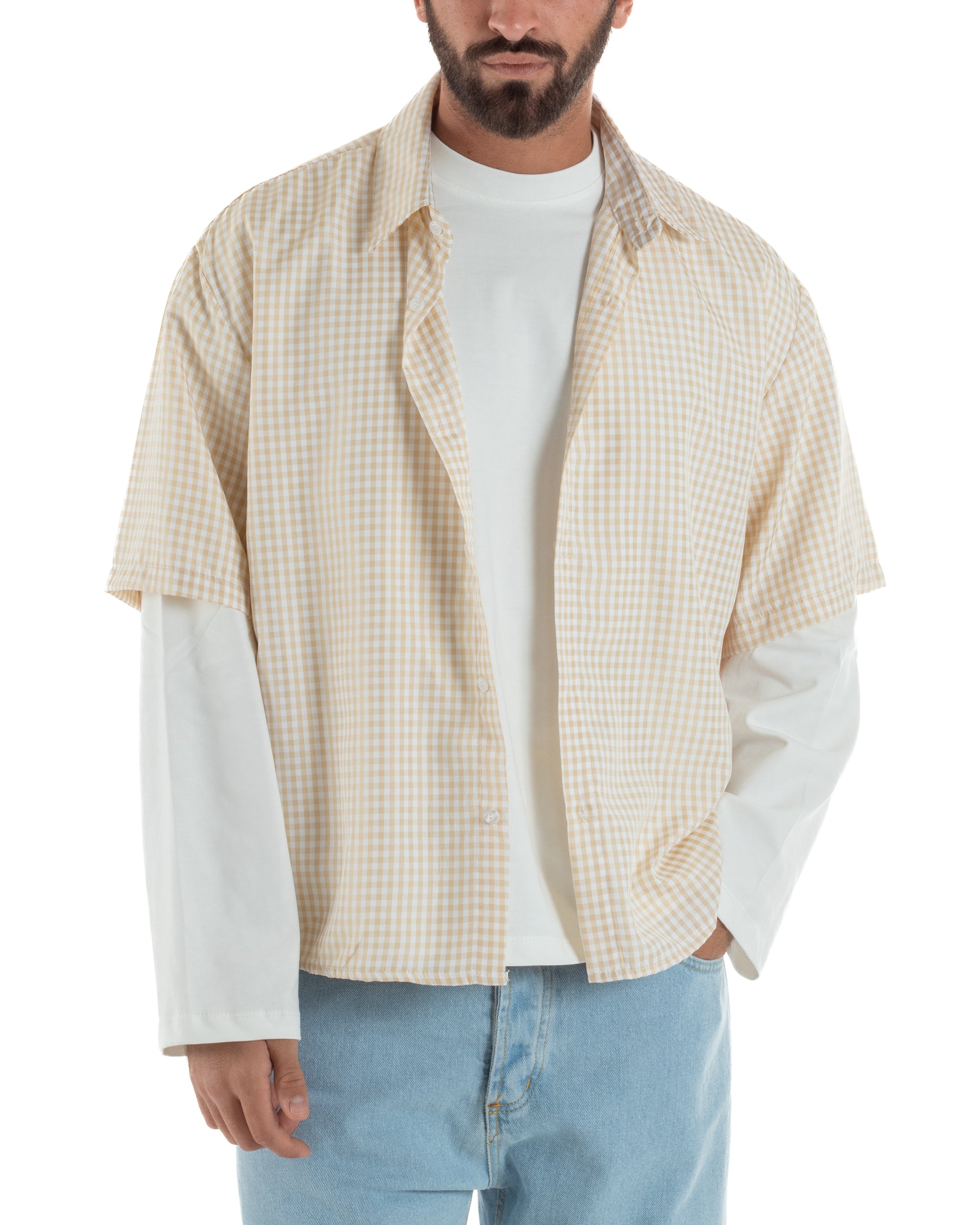 Camicia uomo maniche corte crop boxy fit quadri stampa retro beige GIOSAL-CC1229A