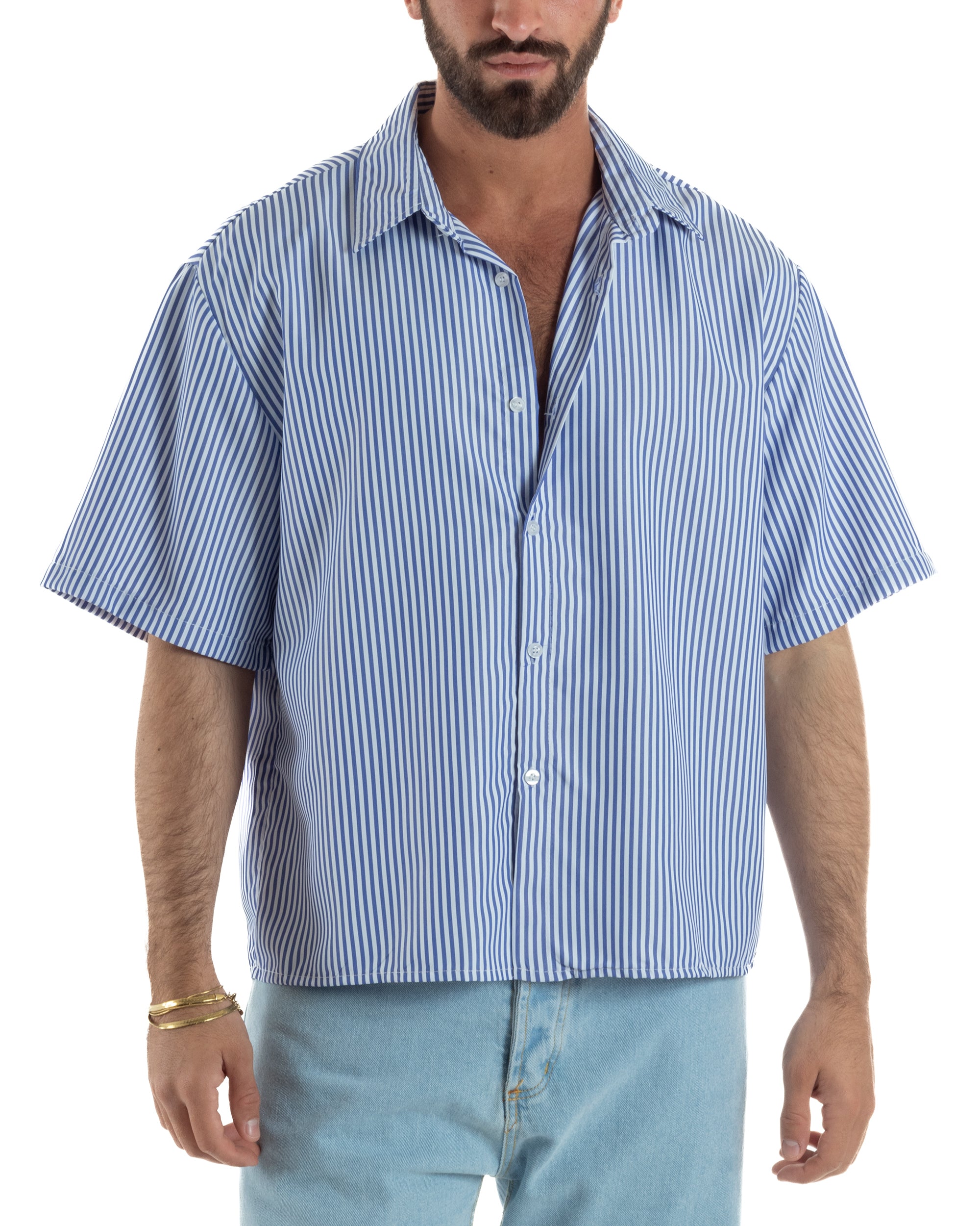 Camicia uomo maniche corte crop boxy fit rigata stampa retro blu GIOSAL-CC1230A