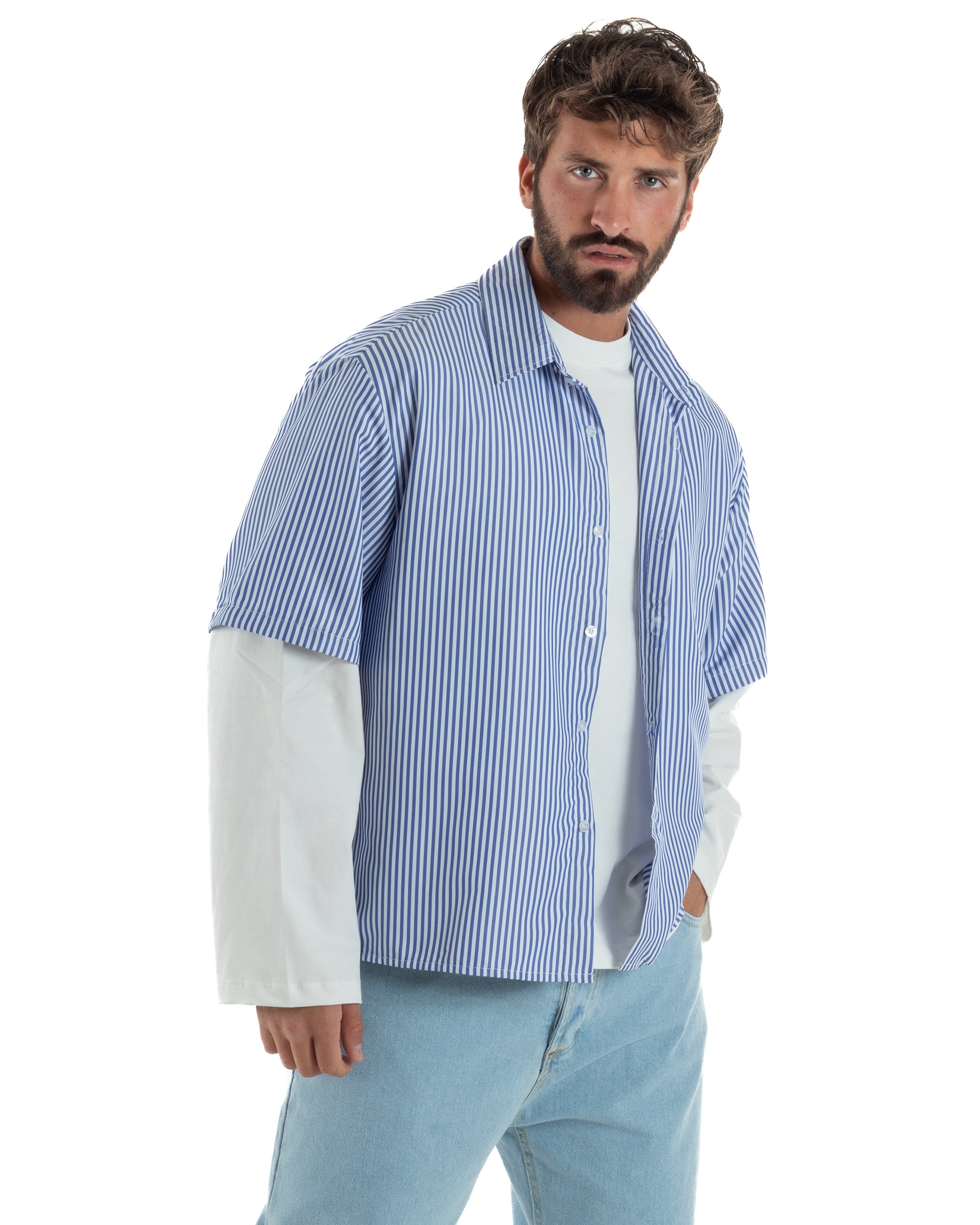 Camicia uomo maniche corte crop boxy fit rigata stampa retro blu GIOSAL-CC1230A