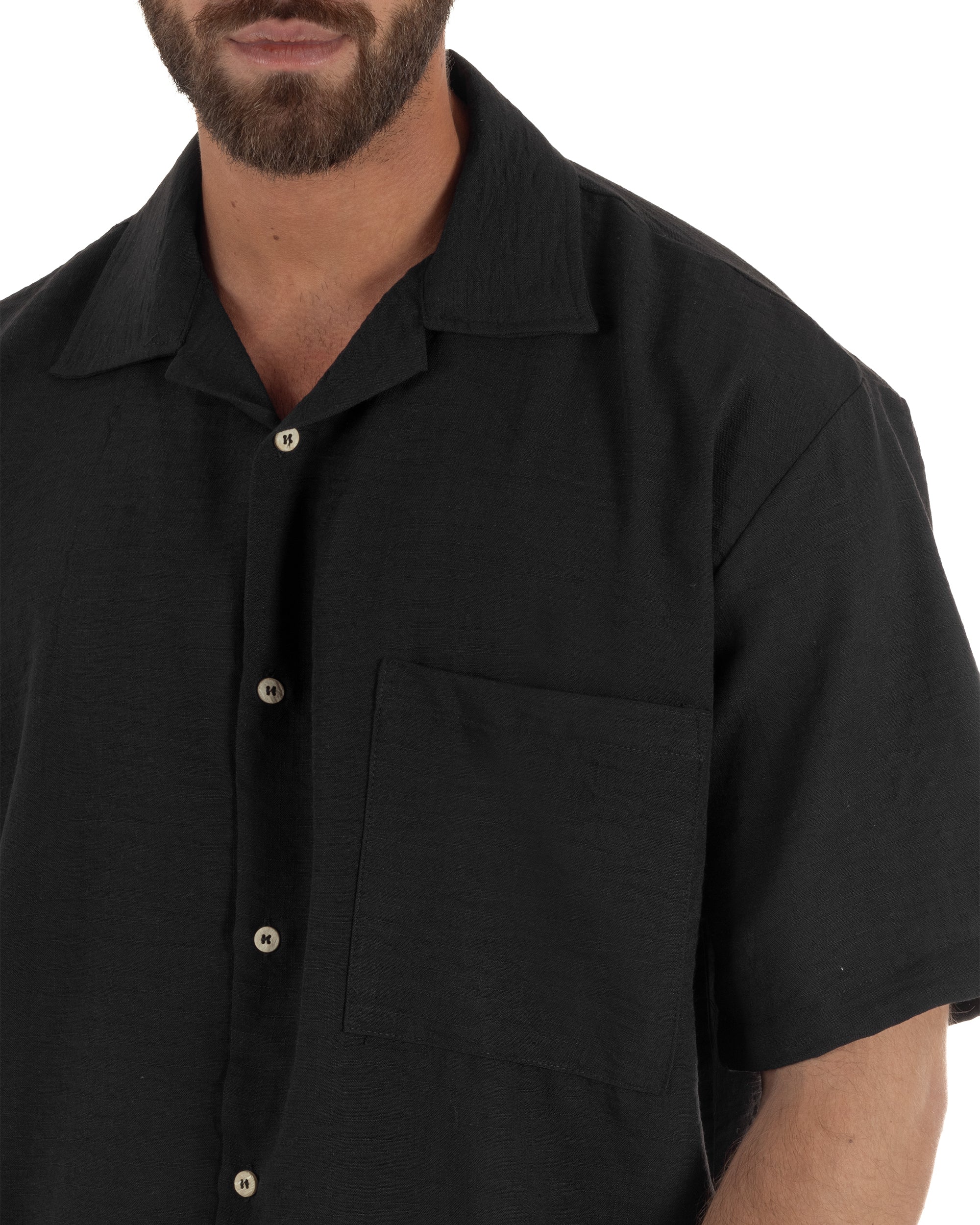 Camicia maniche corte uomo colletto bowling taschino relaxed fit nero GIOSAL-CC1231A