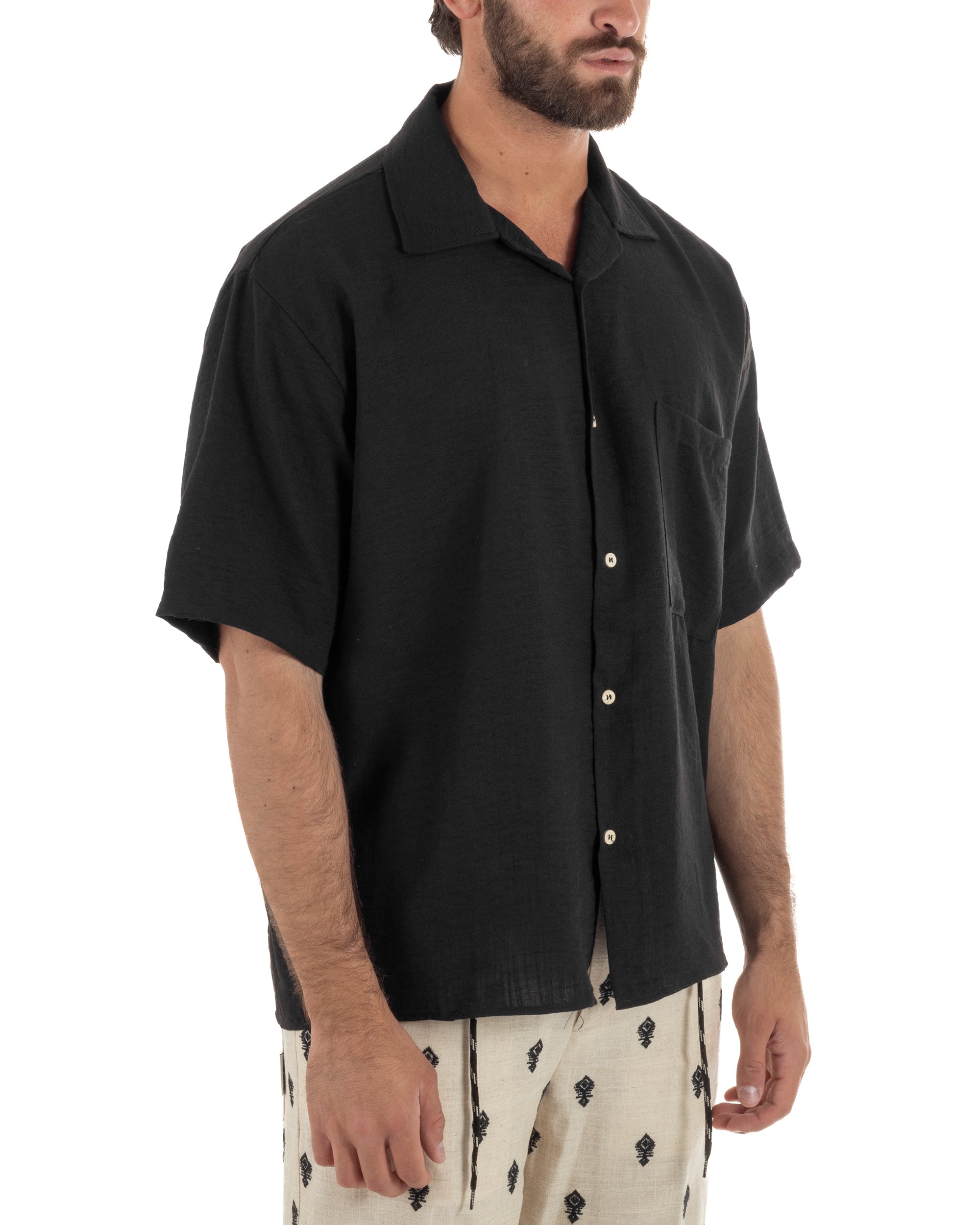 Camicia maniche corte uomo colletto bowling taschino relaxed fit nero GIOSAL-CC1231A