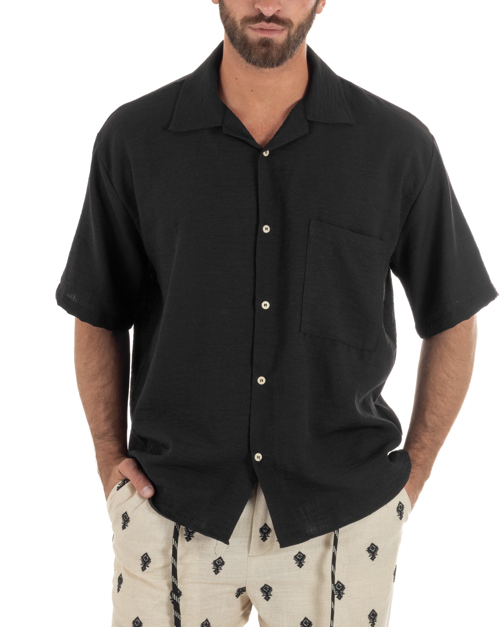 Camicia maniche corte uomo colletto bowling taschino relaxed fit nero GIOSAL-CC1231A