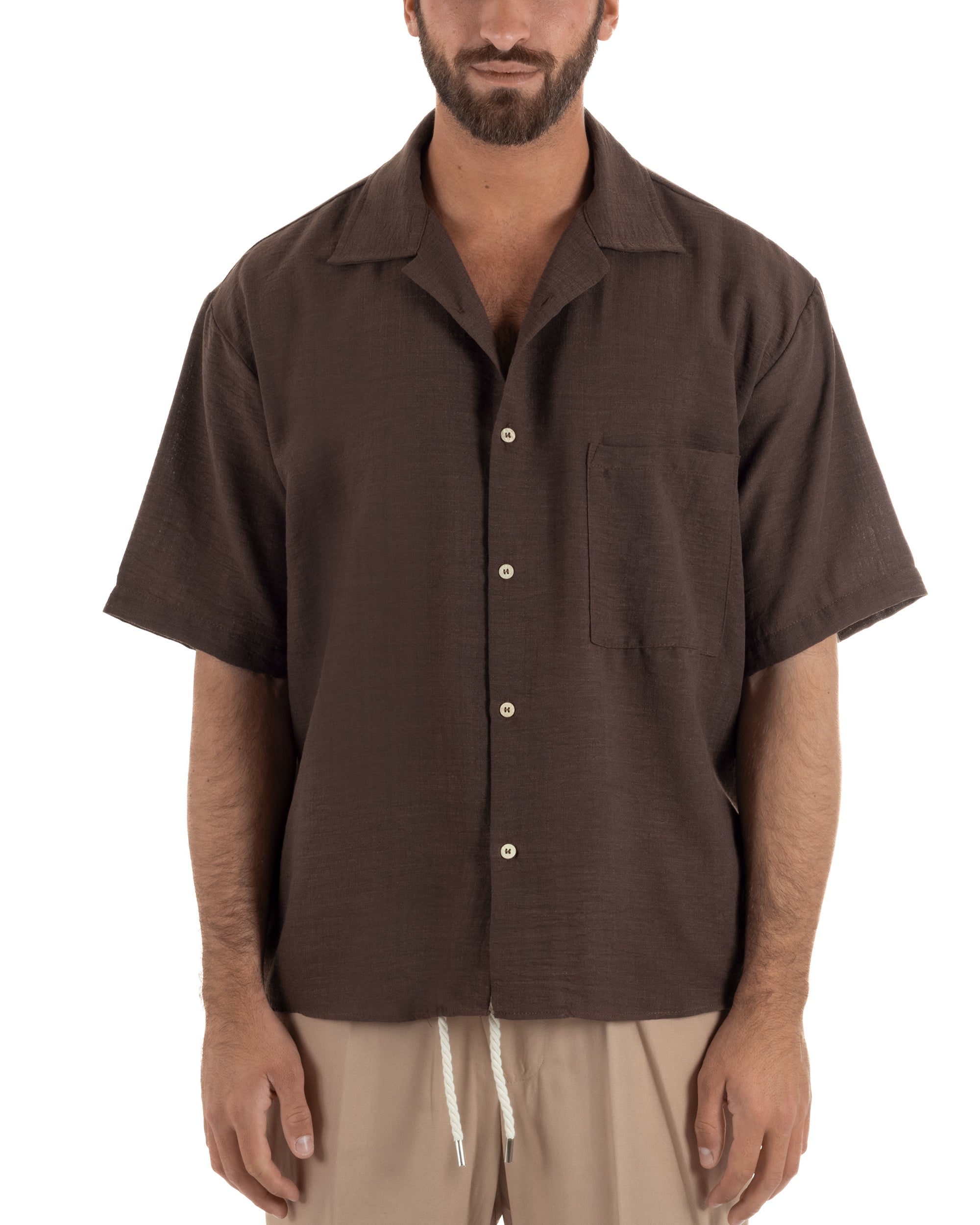 Camicia maniche corte uomo colletto bowling taschino relaxed fit marrone GIOSAL-CC1232A