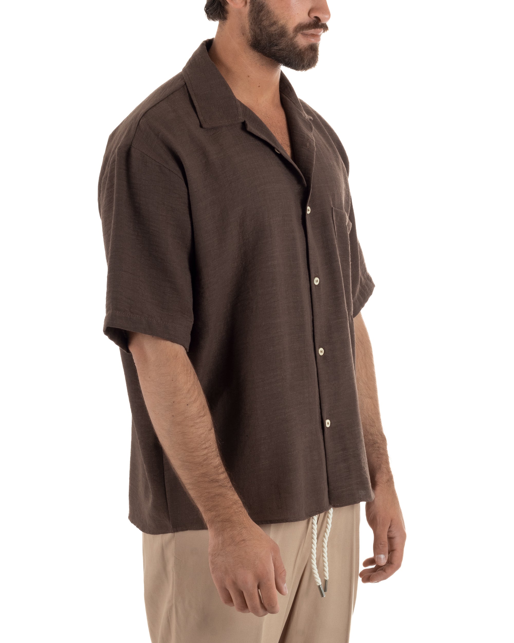 Camicia maniche corte uomo colletto bowling taschino relaxed fit marrone GIOSAL-CC1232A