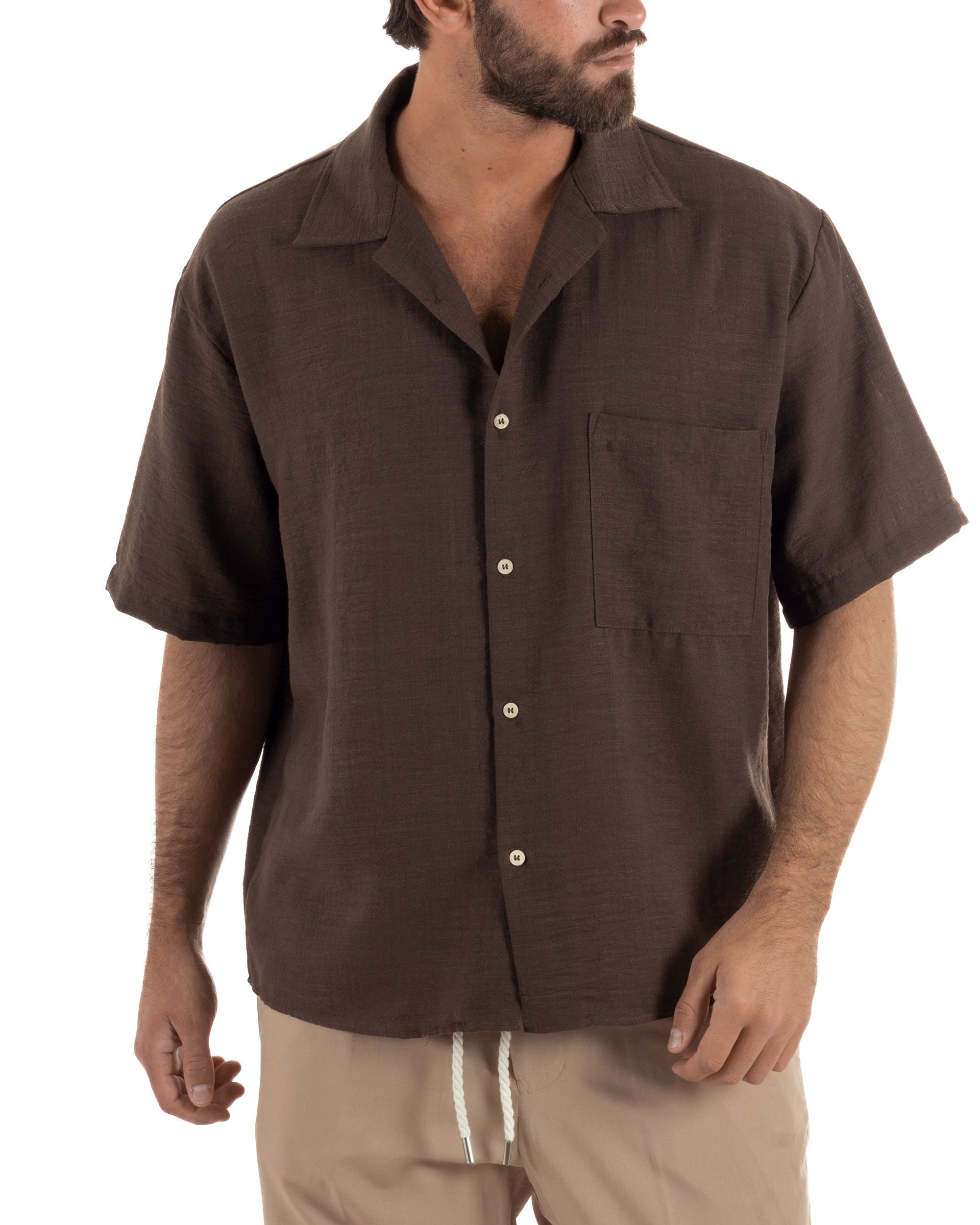 Camicia maniche corte uomo colletto bowling taschino relaxed fit marrone GIOSAL-CC1232A