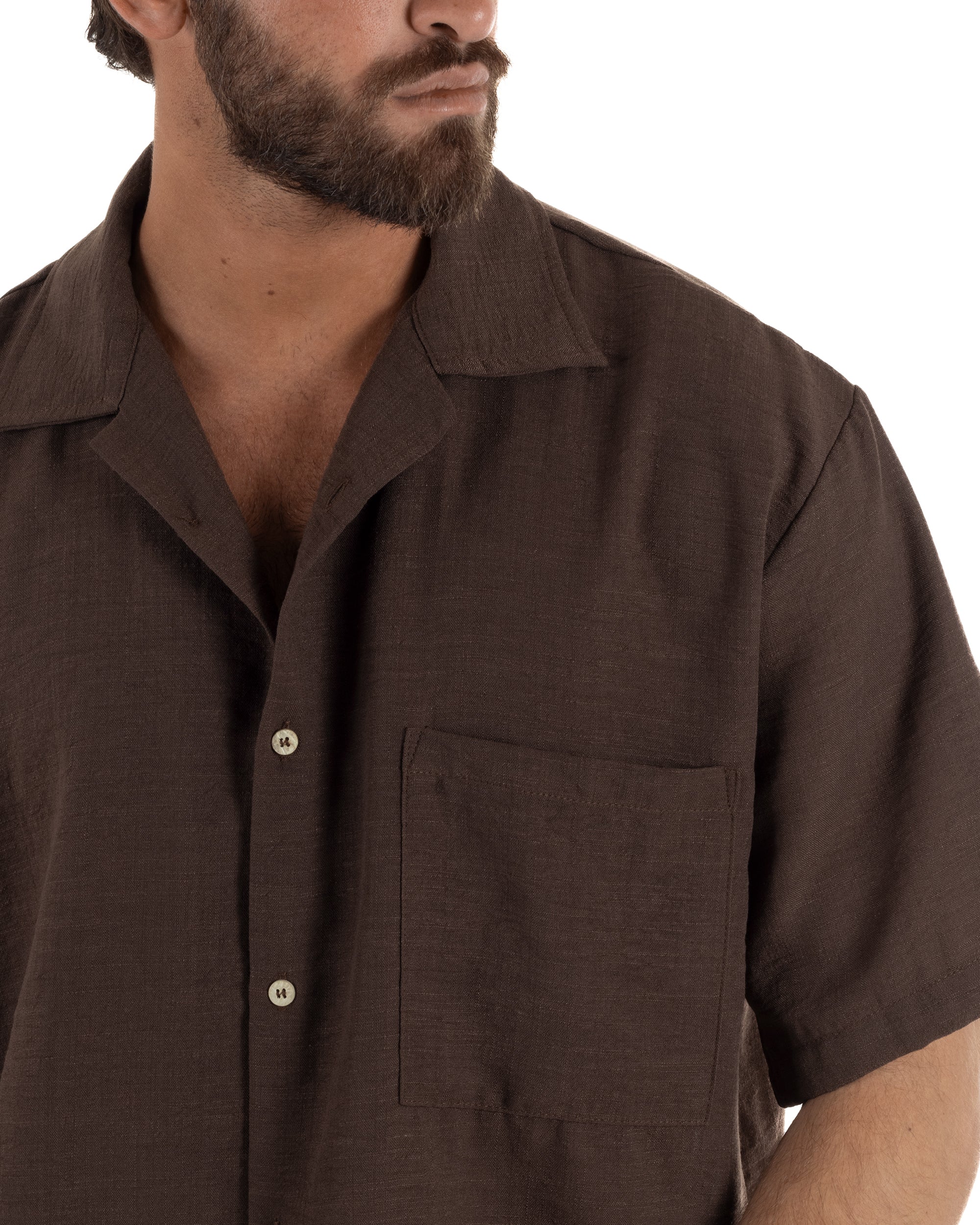 Camicia maniche corte uomo colletto bowling taschino relaxed fit marrone GIOSAL-CC1232A
