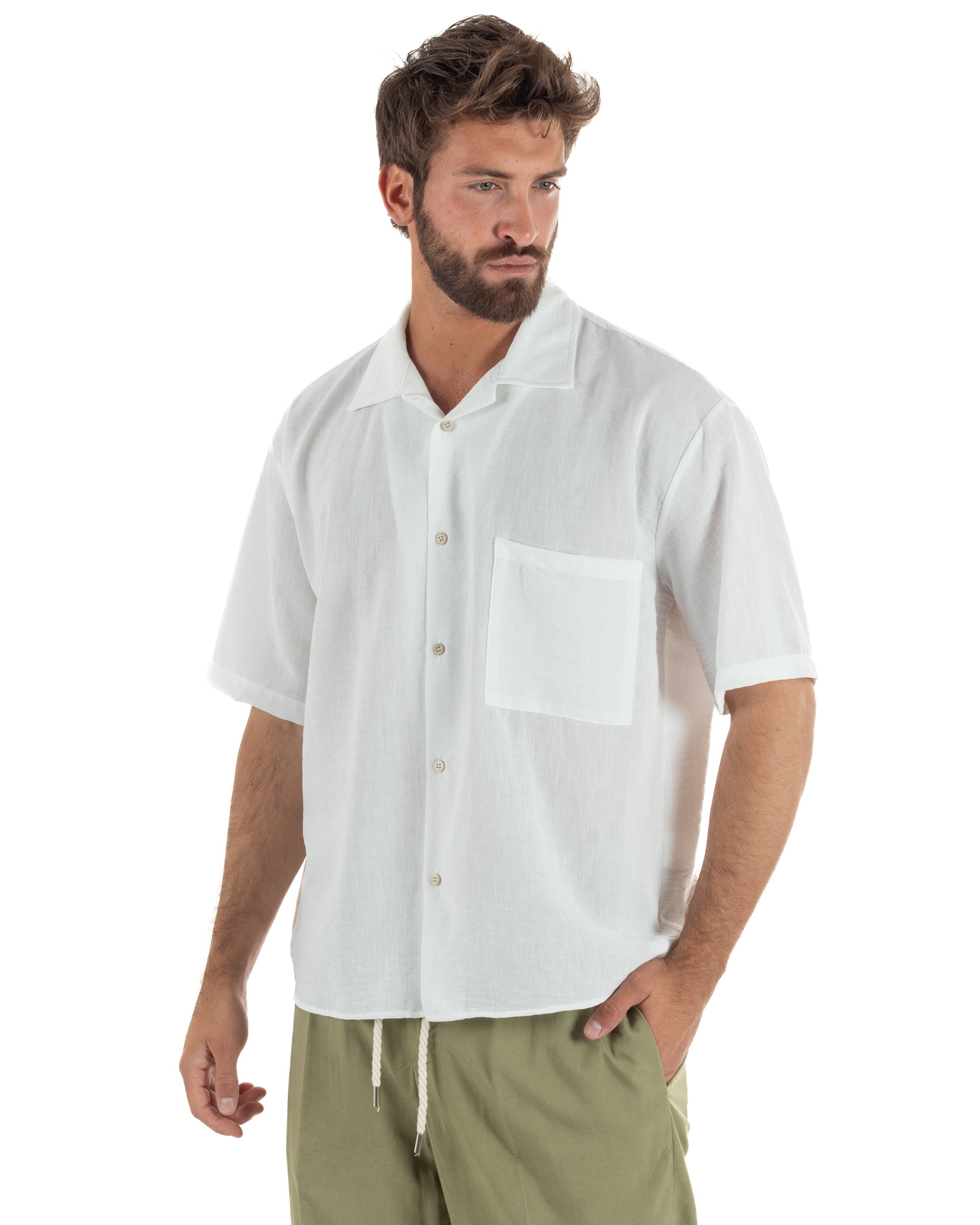 Camicia maniche corte uomo colletto bowling taschino relaxed fit bianco GIOSAL-CC1233A