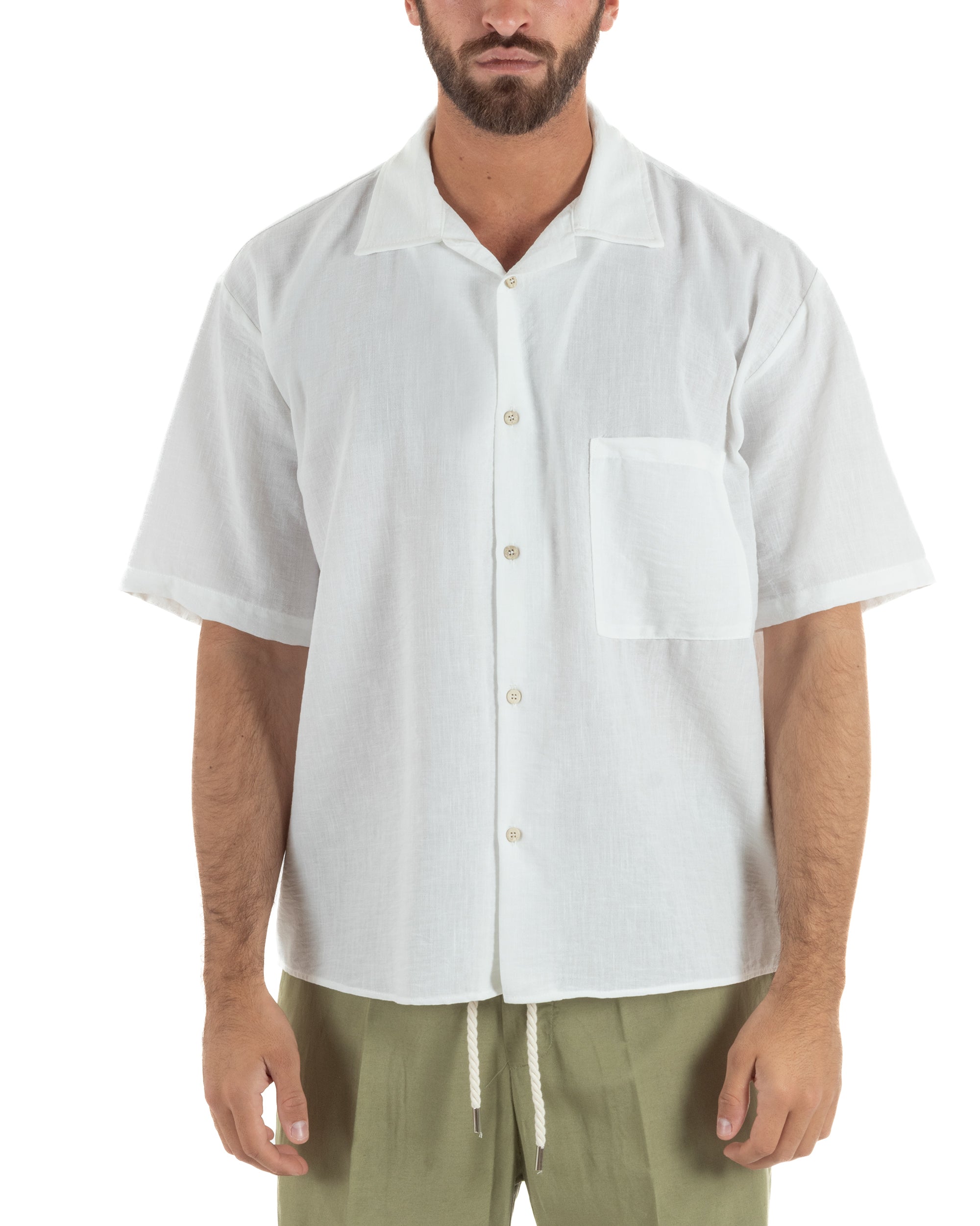 Camicia maniche corte uomo colletto bowling taschino relaxed fit bianco GIOSAL-CC1233A