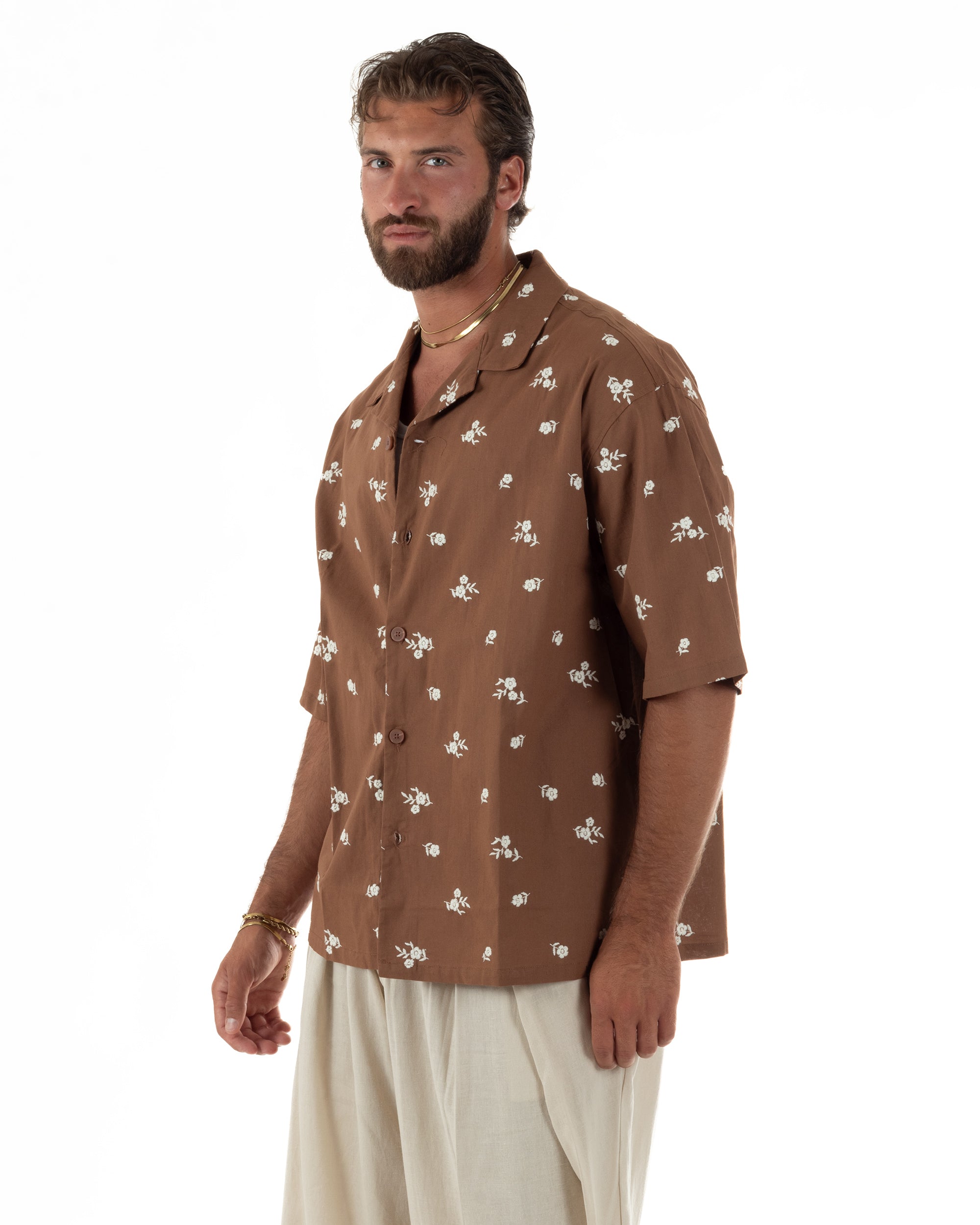 Camicia uomo maniche corte fantasia floreale ricamata colletto revers marrone GIOSAL-CC1235A