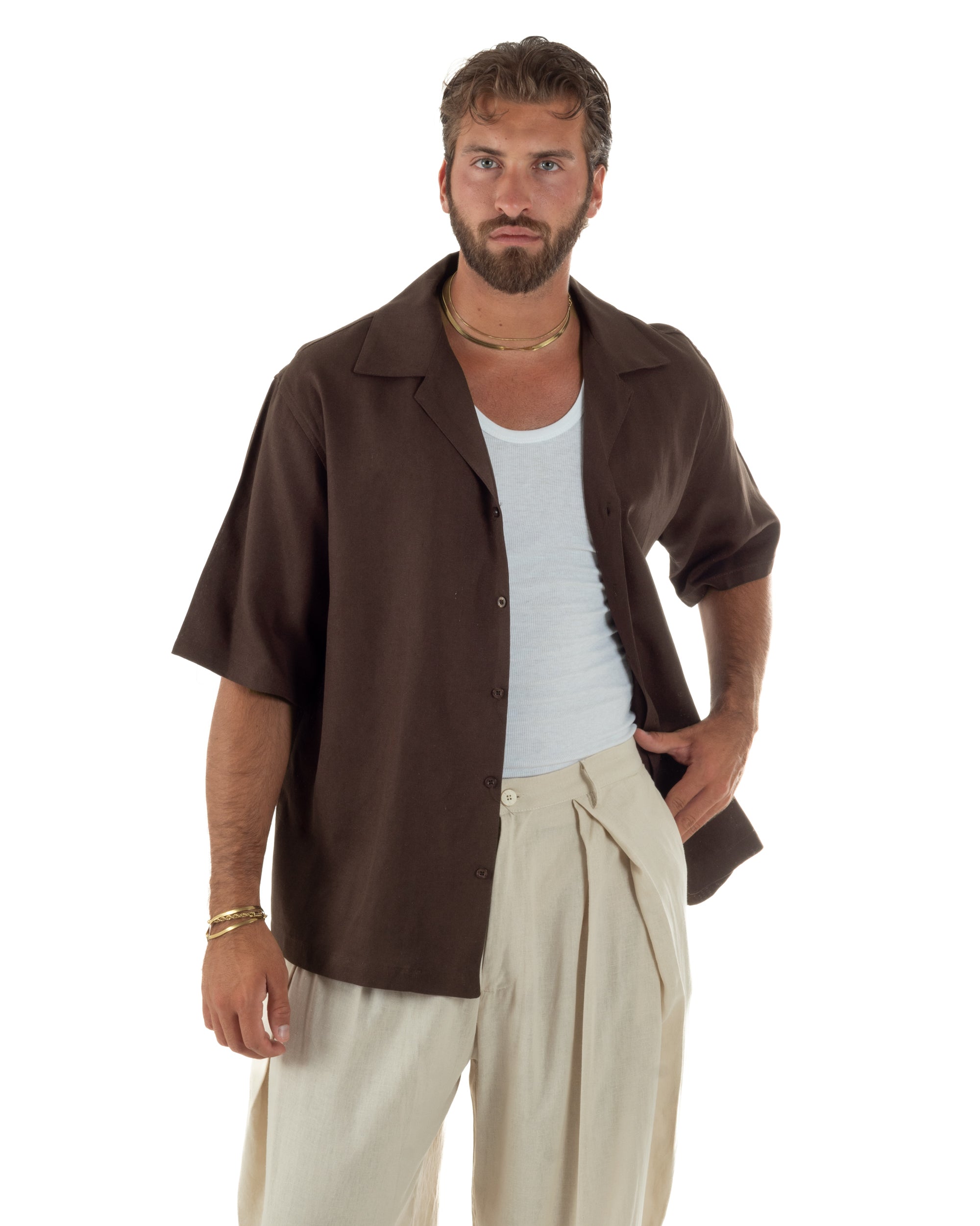 Camicia uomo lino mezze maniche colletto bowling collo rever boxy fit marrone GIOSAL-CC1236A
