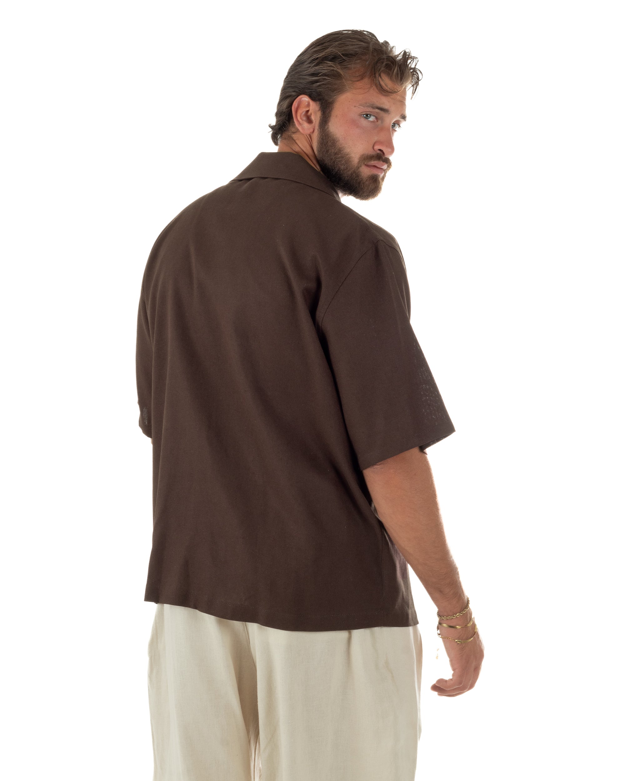 Camicia uomo lino mezze maniche colletto bowling collo rever boxy fit marrone GIOSAL-CC1236A